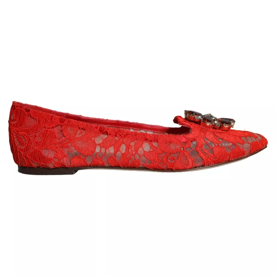 Dolce & Gabbana Red Lace Crystal Ballet Flats Loafers Shoes EU39 / US8.5