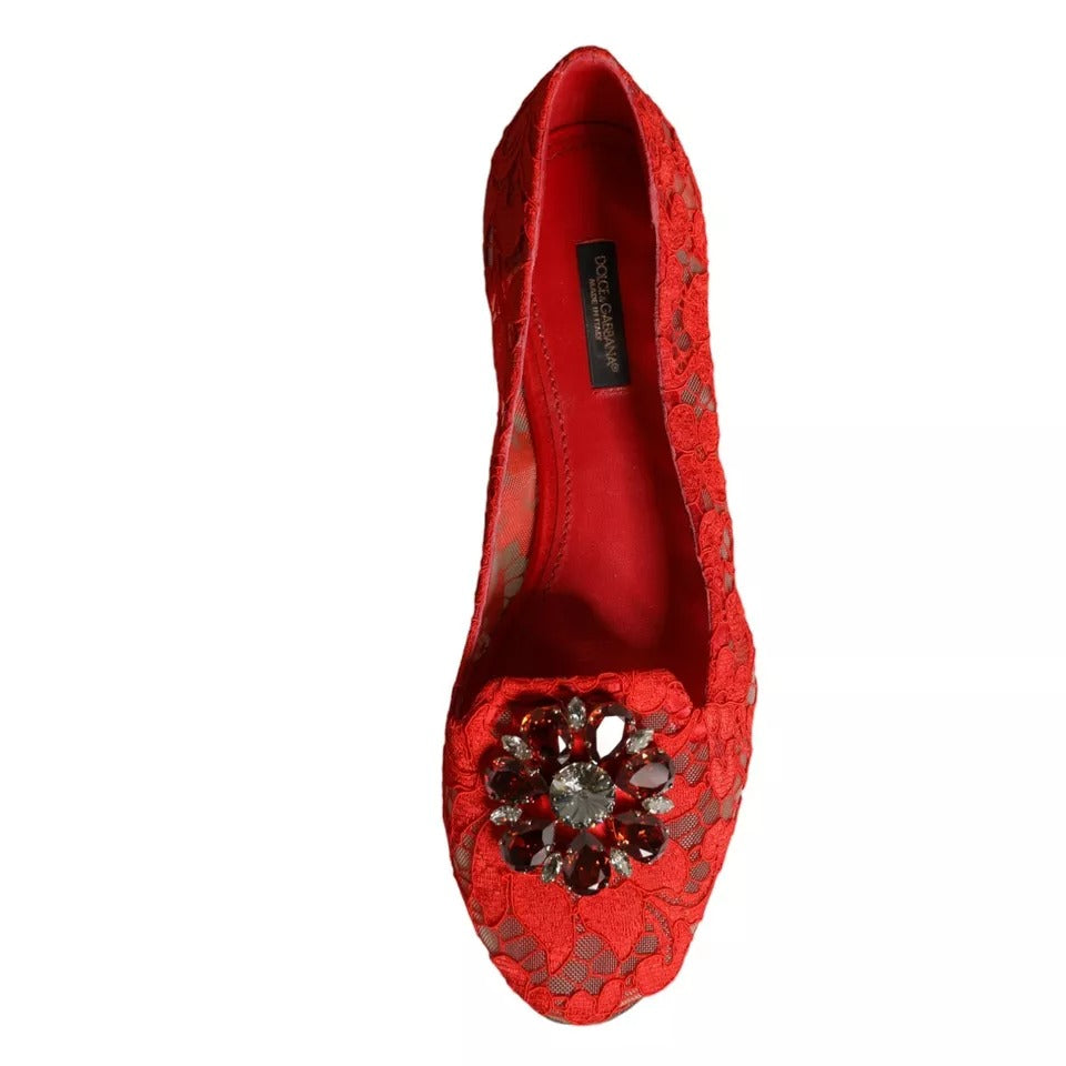 Dolce & Gabbana Red Lace Crystal Ballet Flats Loafers Shoes EU39 / US8.5