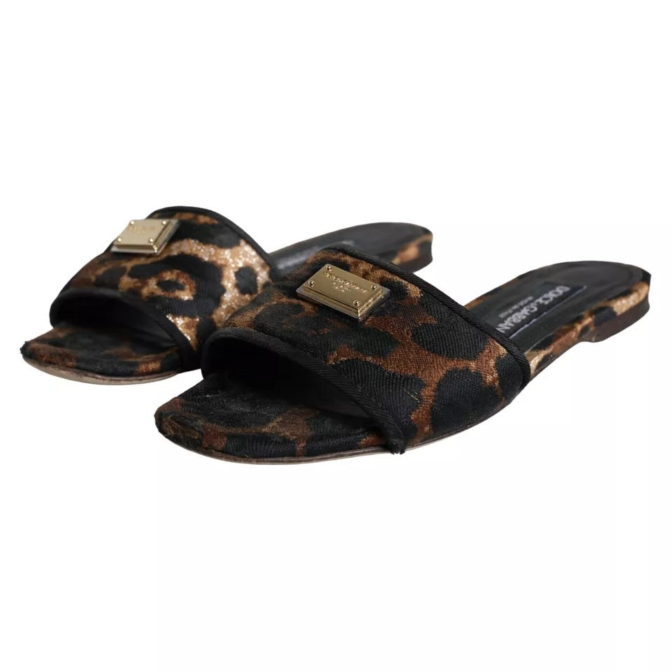 Dolce & Gabbana Brown Leopard Logo Slides Flats Sandals Shoes EU36 / US5.5