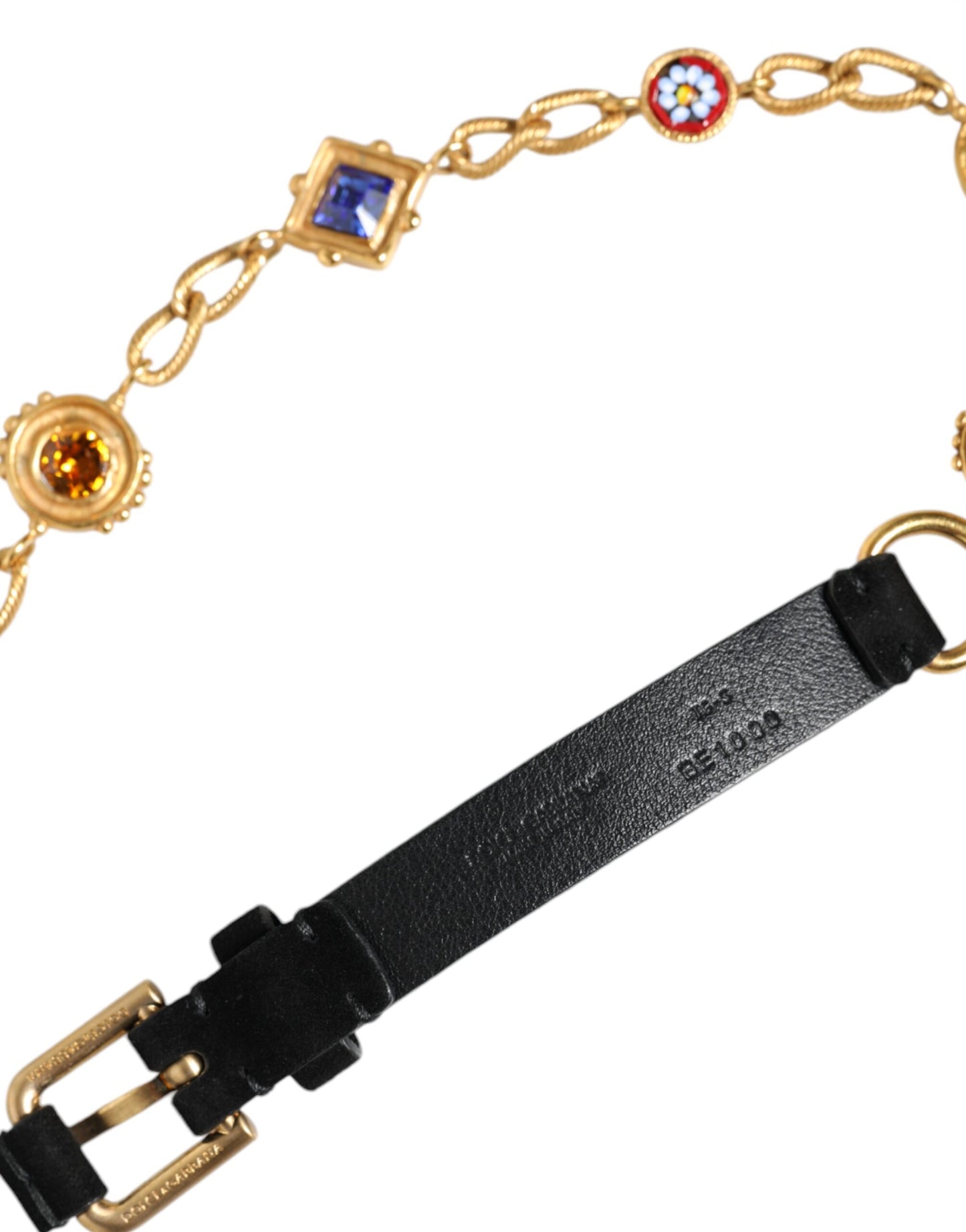 Dolce & Gabbana Black Leather Gold Brass Crystal Chain Waist Belt SIZE S