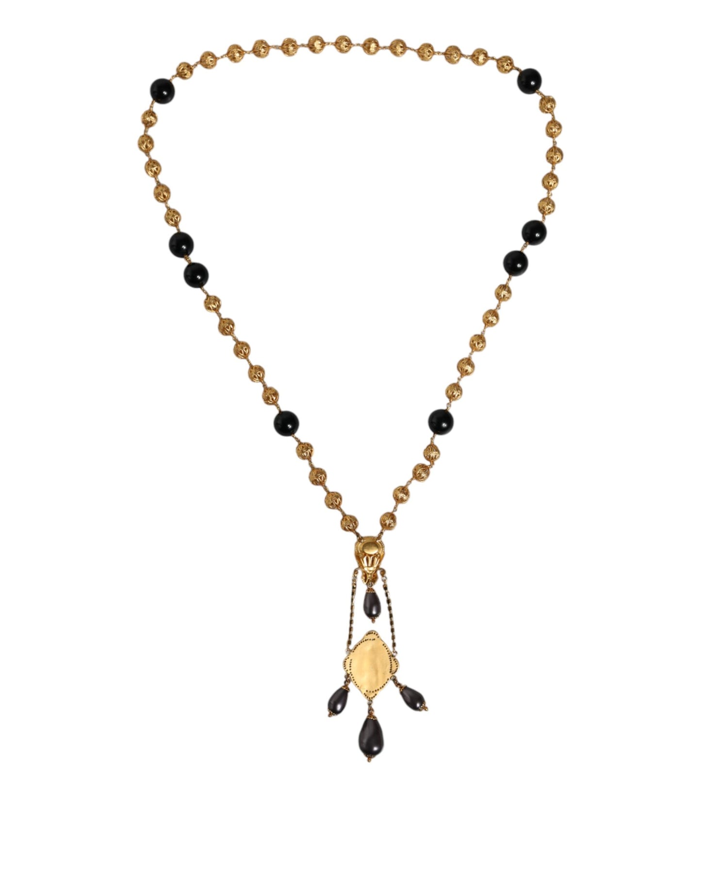 Dolce & Gabbana Gold Chain Brass Black Beaded Rosary Style Necklace