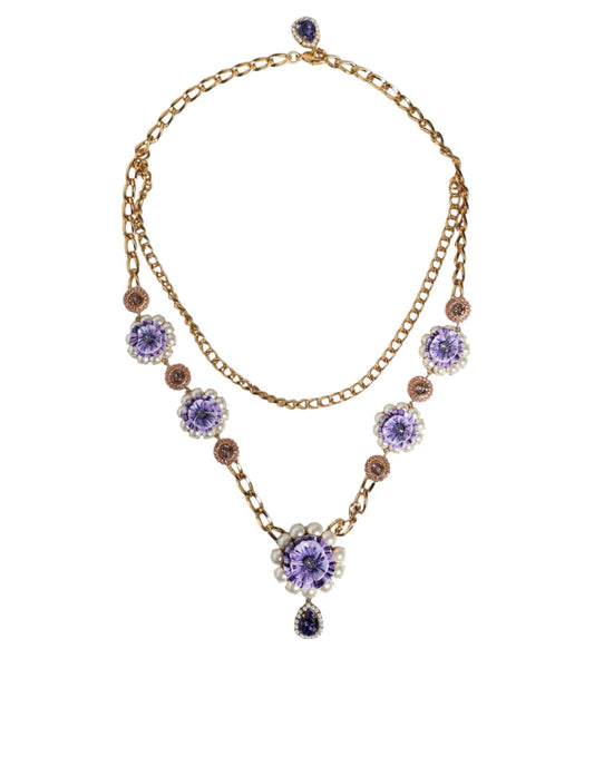 Dolce & Gabbana Gold Tone Floral Crystals Embellished Layered Necklace