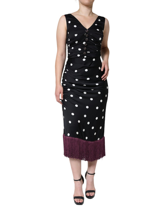 Dolce & Gabbana Black Silk Polka Dot V-neck Tassel Midi Dress IT44 / L