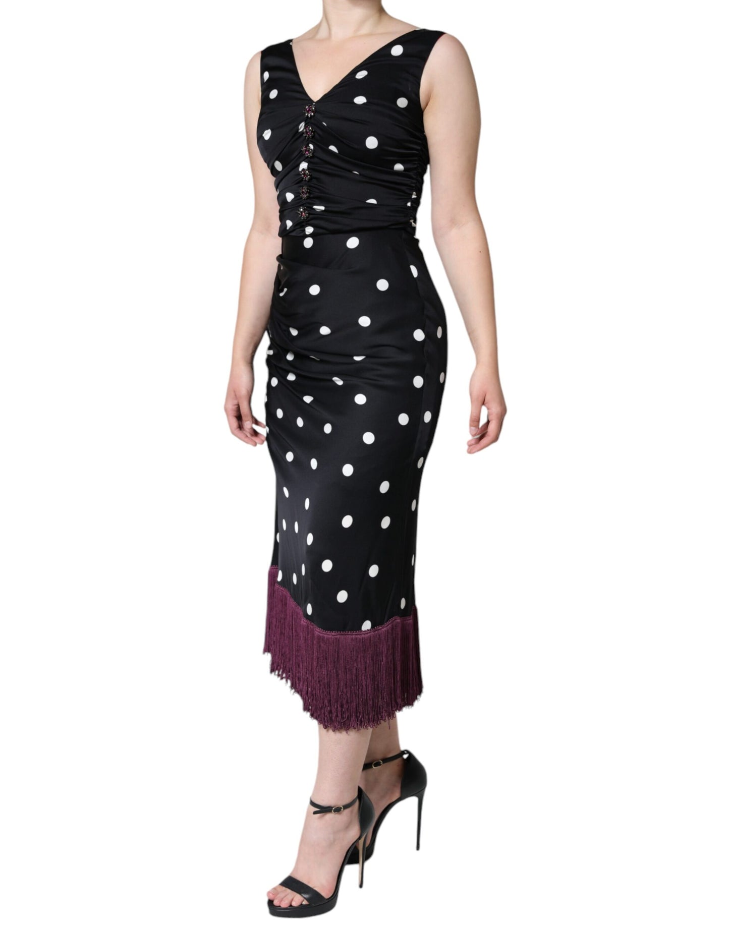 Dolce & Gabbana Black Silk Polka Dot V-neck Tassel Midi Dress IT44 / L