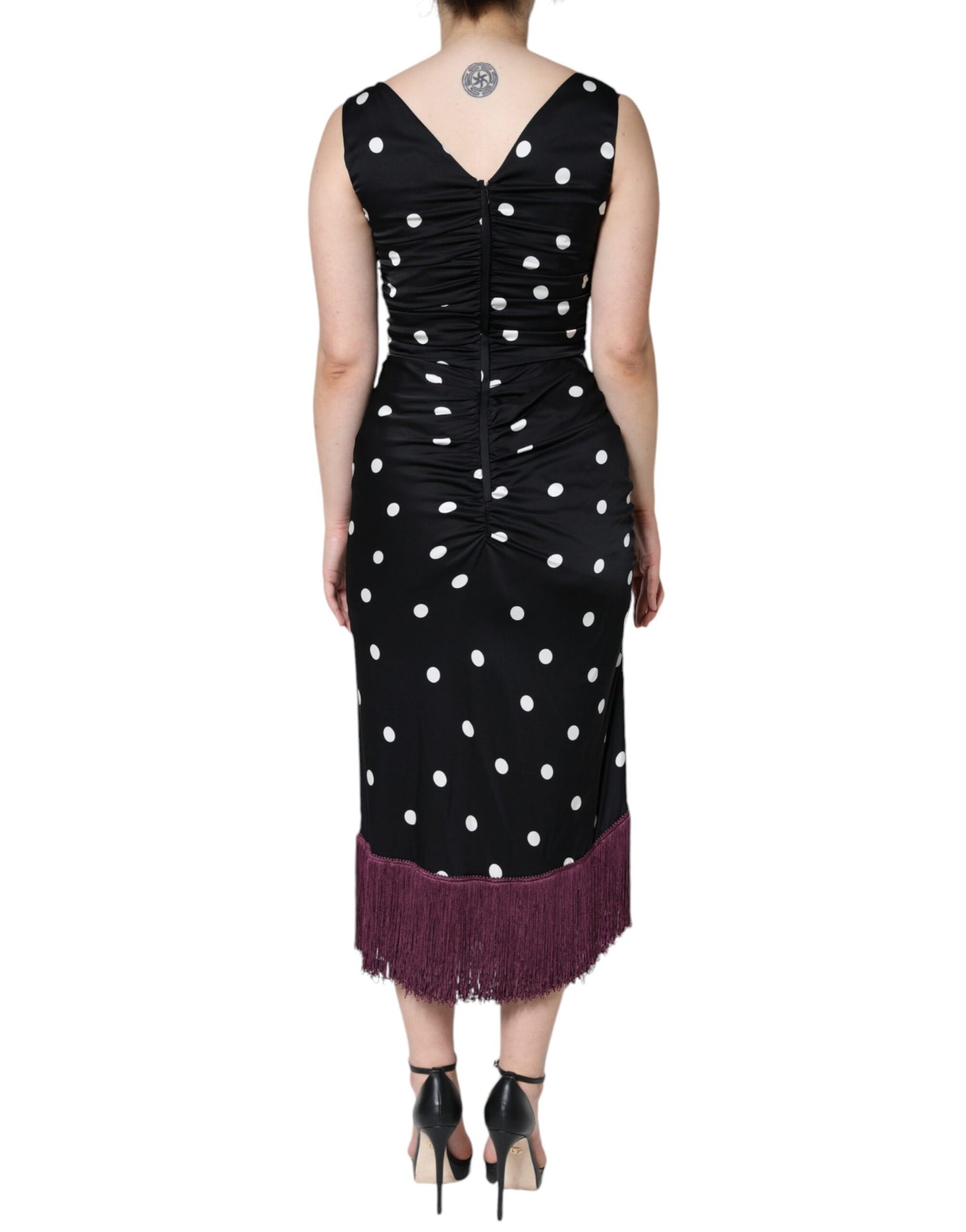 Dolce & Gabbana Black Silk Polka Dot V-neck Tassel Midi Dress IT44 / L