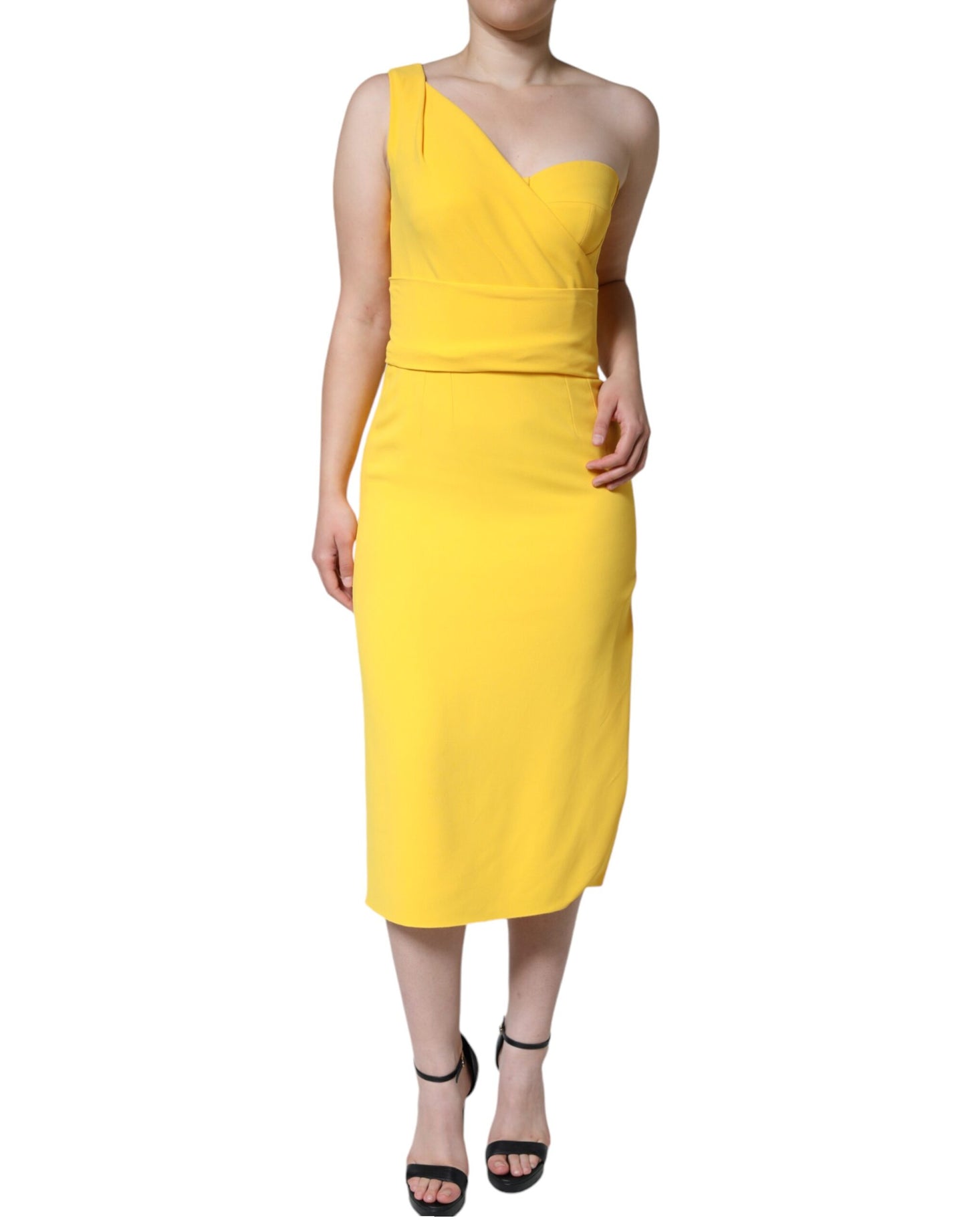 Dolce & Gabbana Yellow One Shoulder Side Slit Midi Dress IT42 / M