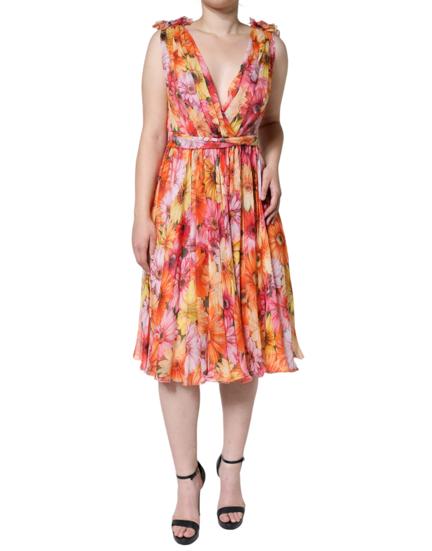 Dolce & Gabbana Multicolor Floral Sleeveless V-neck Midi Dress IT42 / M