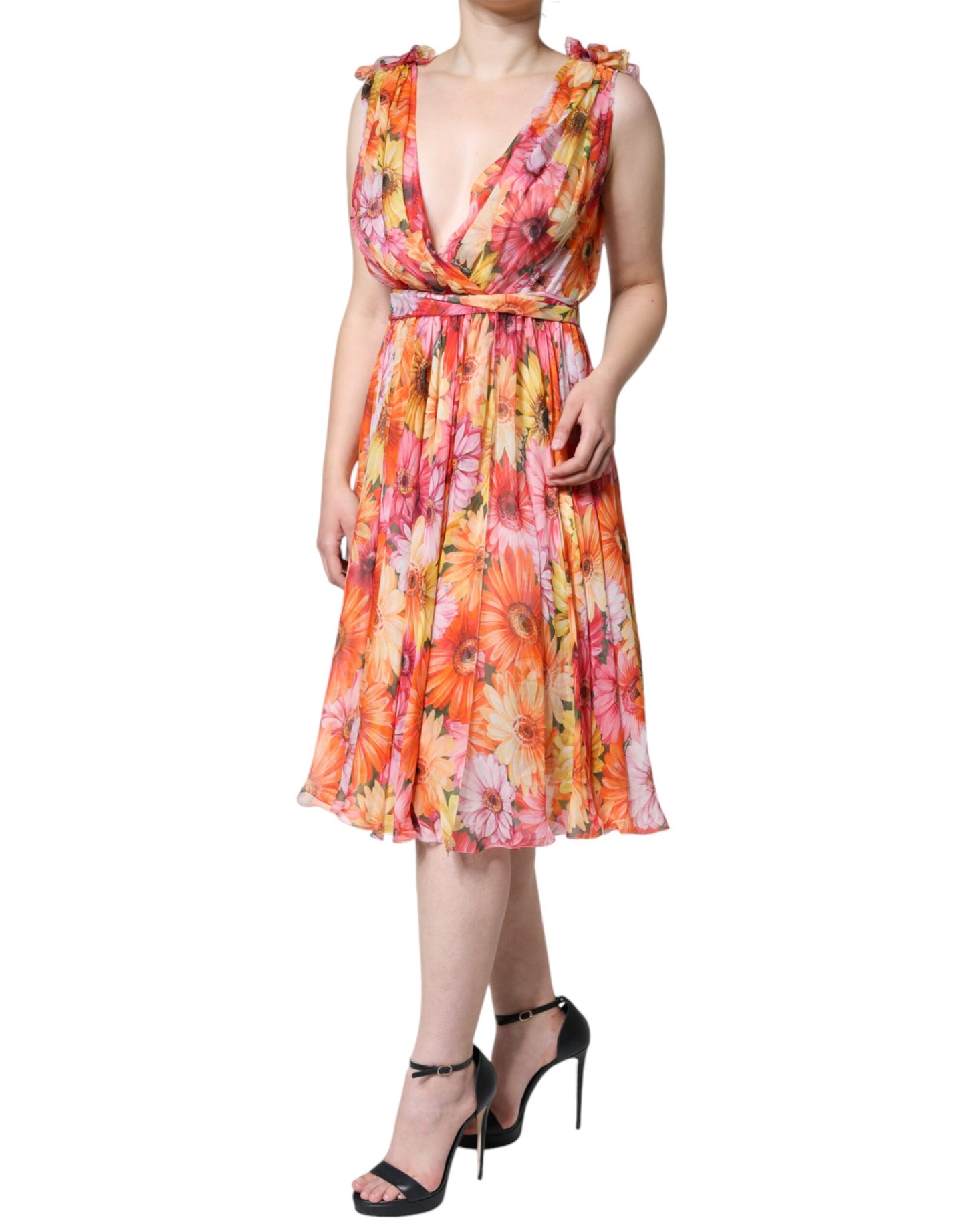 Dolce & Gabbana Multicolor Floral Sleeveless V-neck Midi Dress IT42 / M