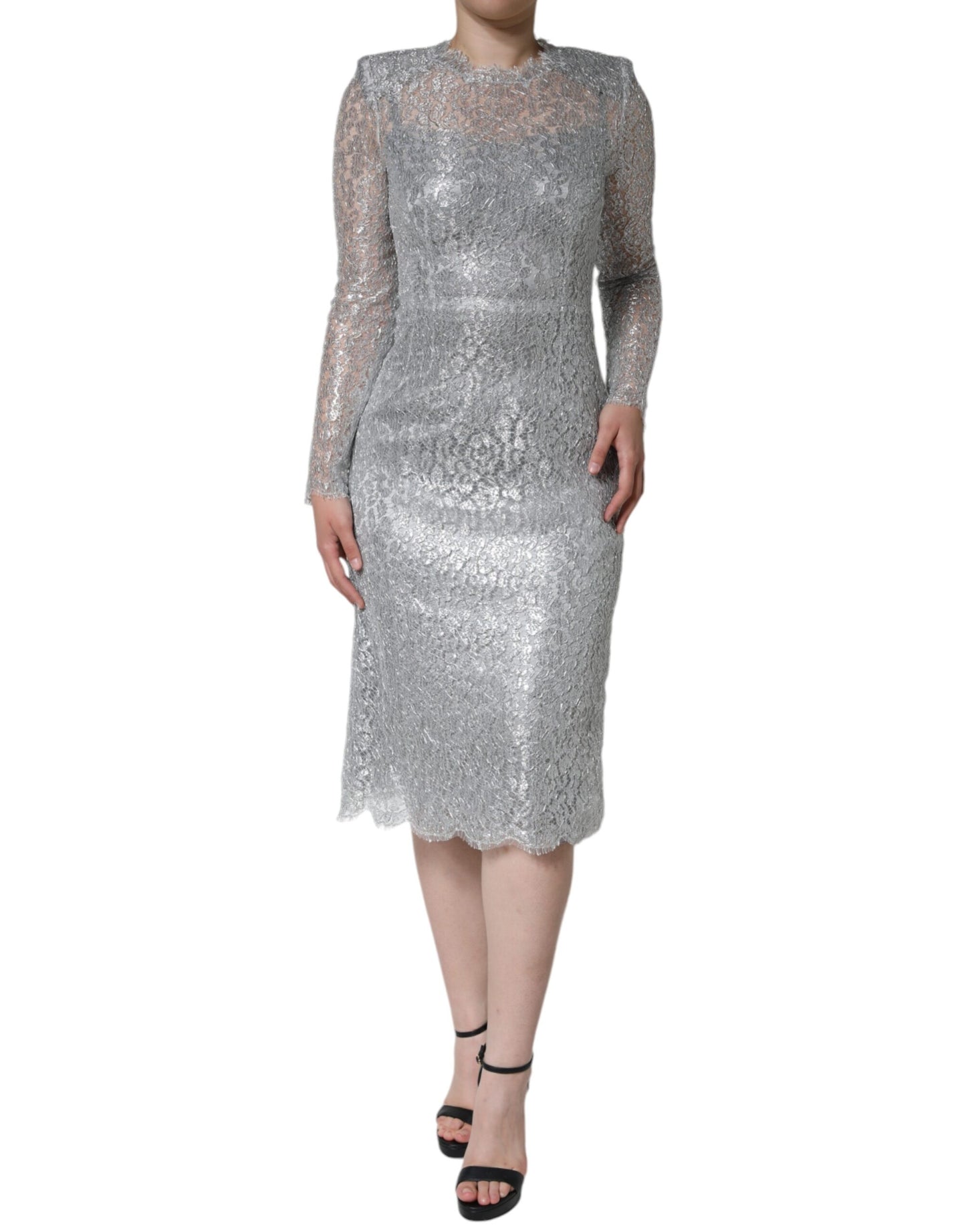 Dolce & Gabbana Silver Floral Lace Bodycon Sheath Midi Dress IT40 | S