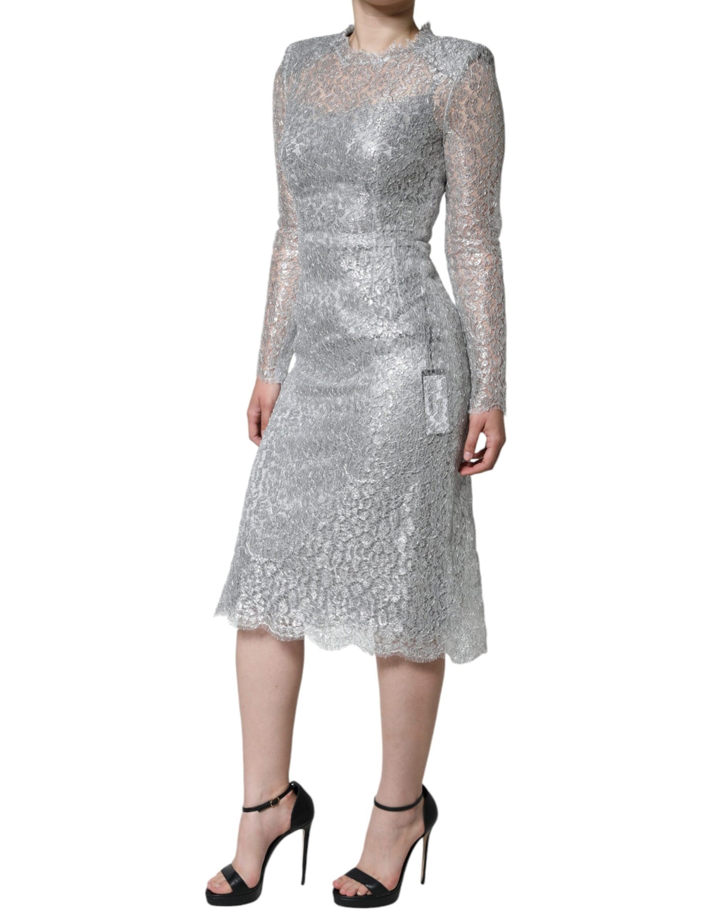 Dolce & Gabbana Silver Floral Lace Bodycon Sheath Midi Dress IT40 | S