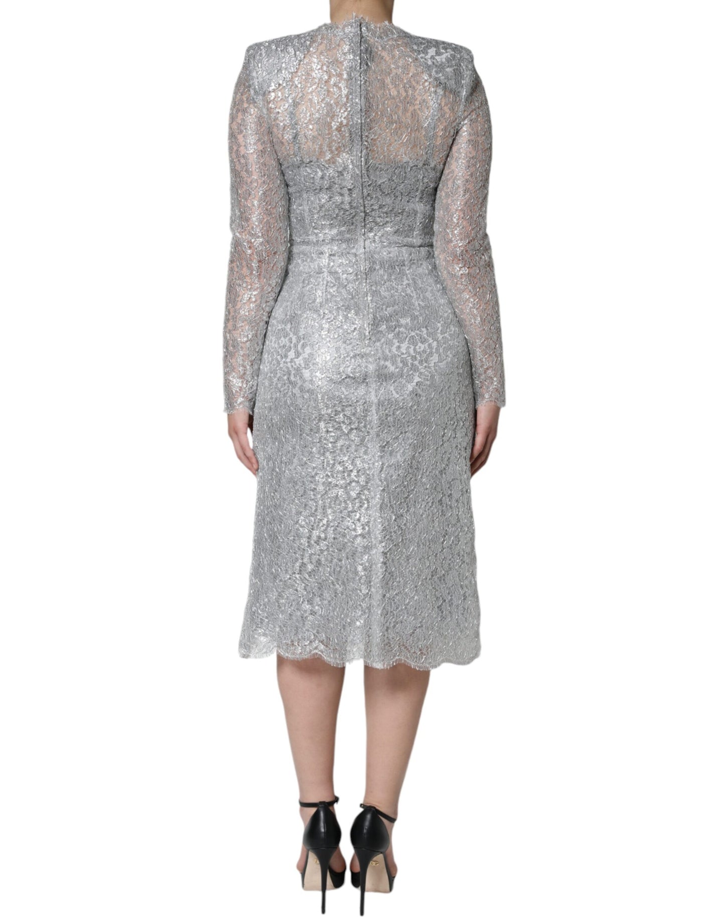 Dolce & Gabbana Silver Floral Lace Bodycon Sheath Midi Dress IT40 | S