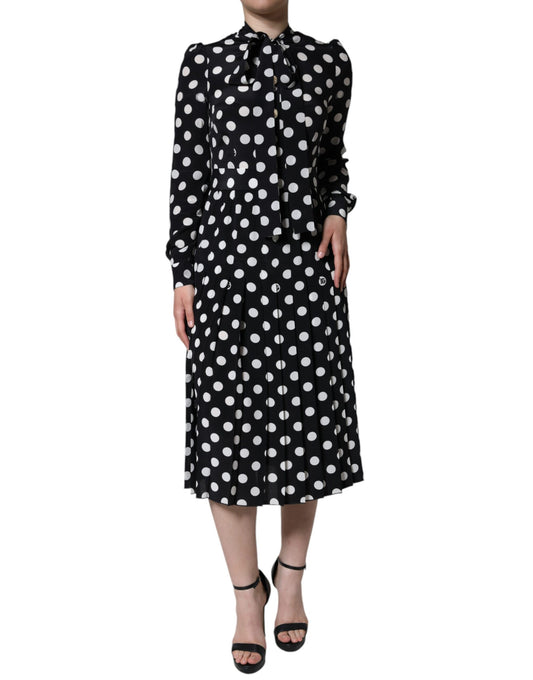 Dolce & Gabbana Black White Polka Dot Ascot Collar Midi Dress IT40 / S