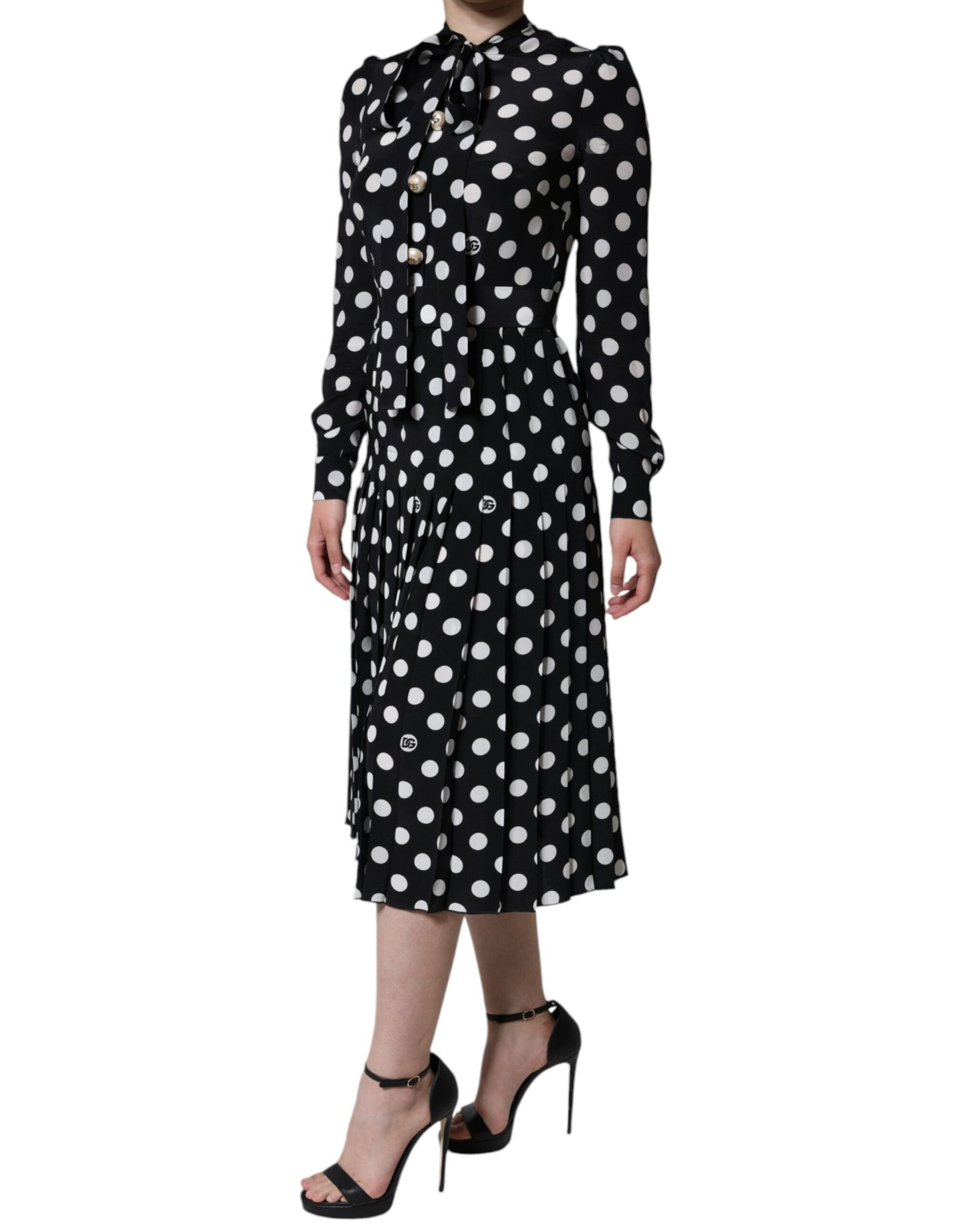 Dolce & Gabbana Black White Polka Dot Ascot Collar Midi Dress IT40 / S