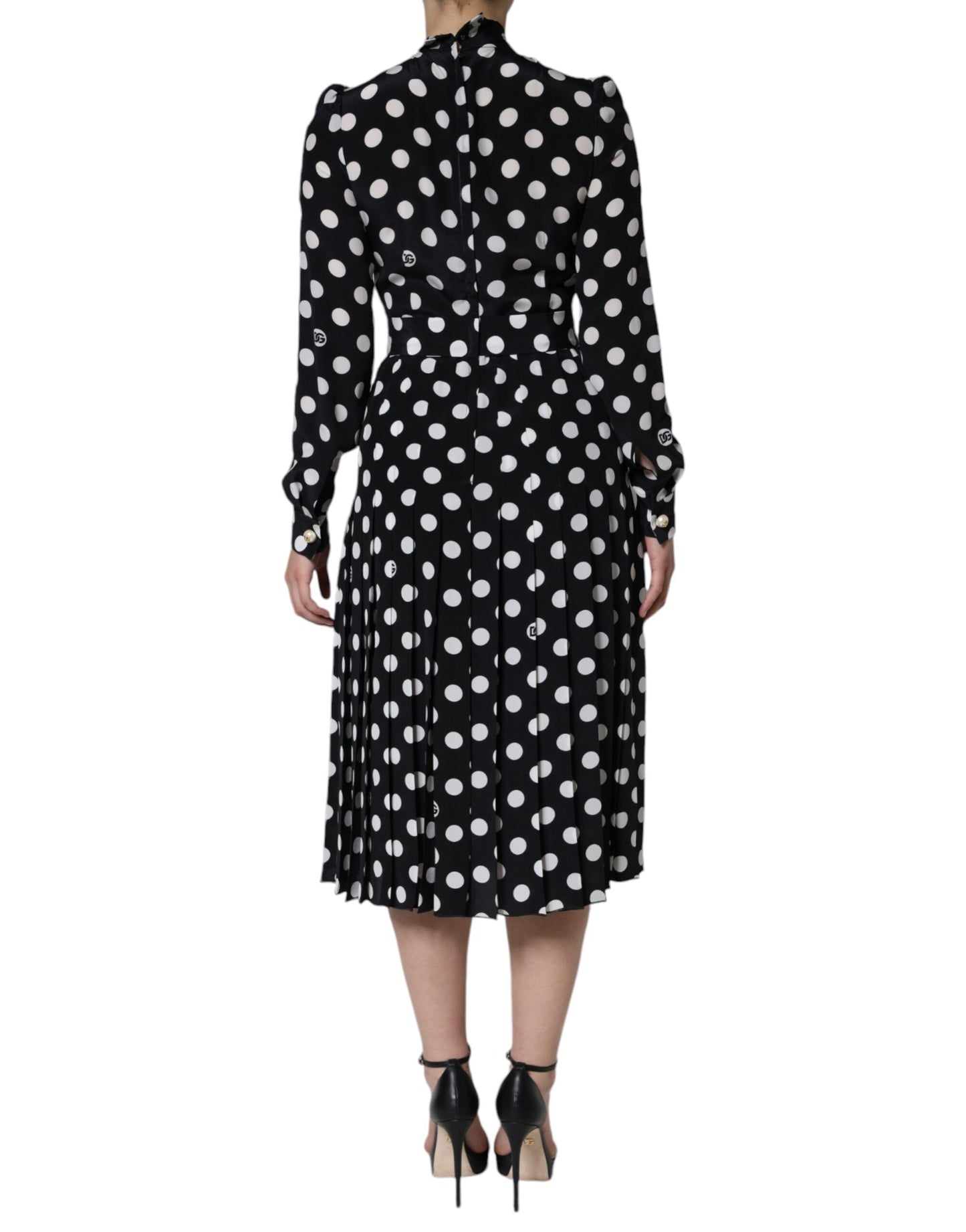 Dolce & Gabbana Black White Polka Dot Ascot Collar Midi Dress IT40 / S