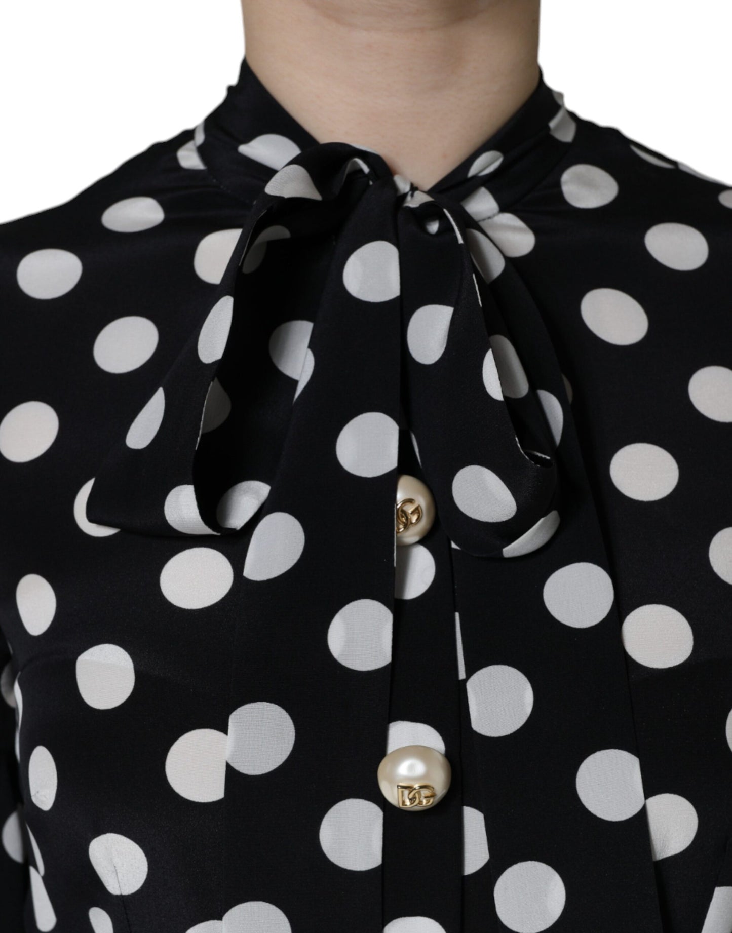 Dolce & Gabbana Black White Polka Dot Ascot Collar Midi Dress IT40 / S