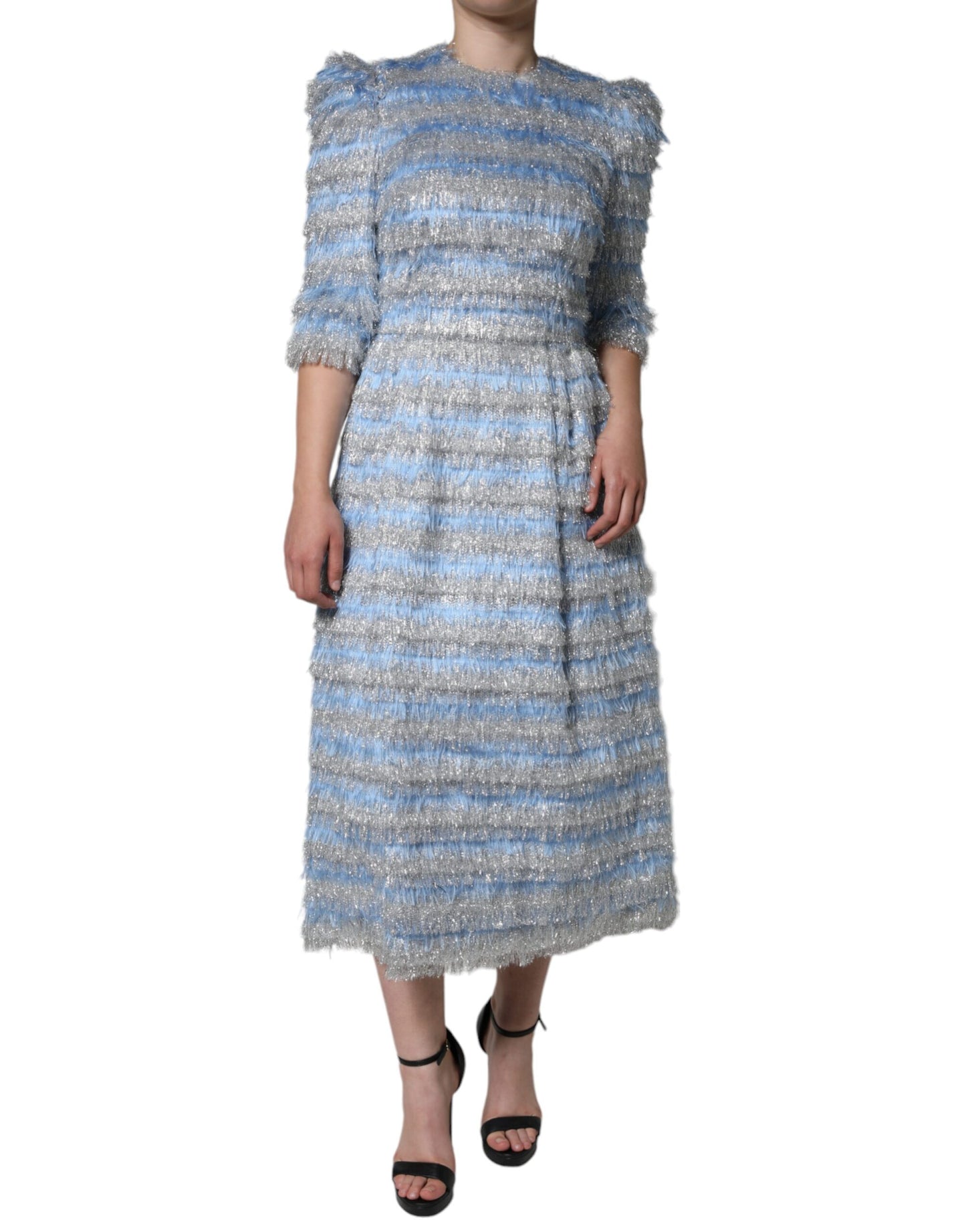 Dolce & Gabbana Light Blue Silver Jacquard A-line Midi Dress IT40 | S