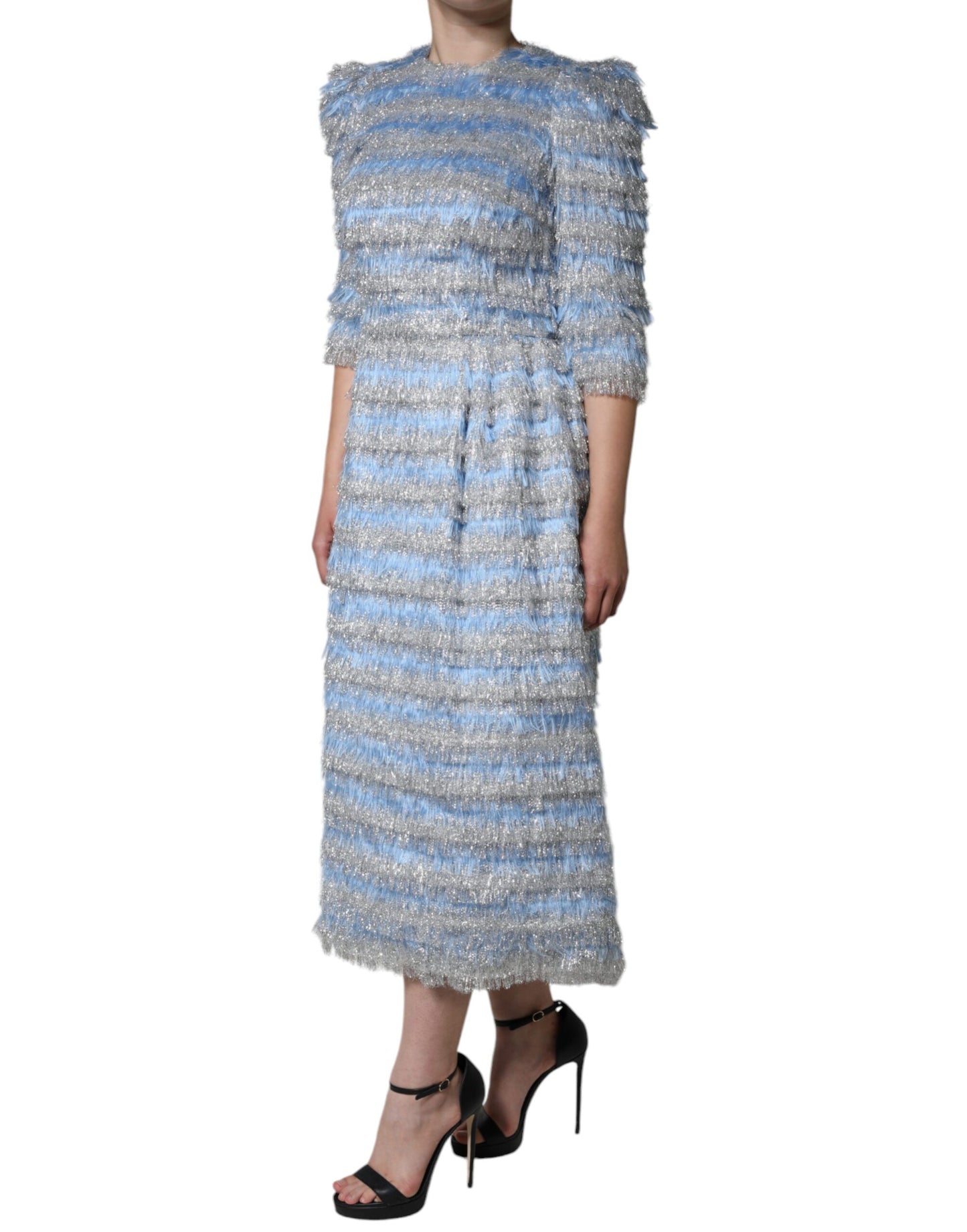 Dolce & Gabbana Light Blue Silver Jacquard A-line Midi Dress IT40 | S