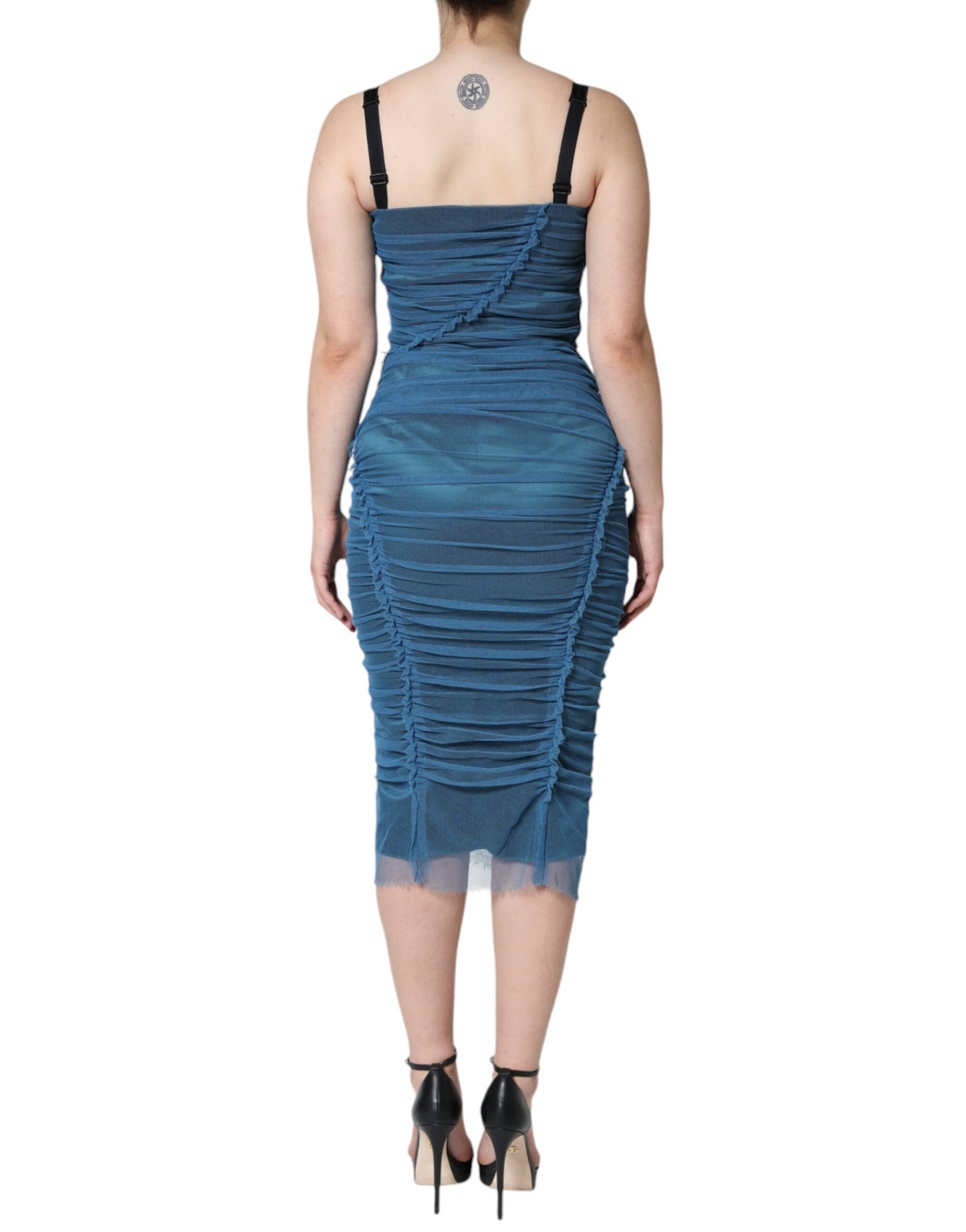 Dolce & Gabbana Blue Mesh Trim Ruched Tulle Sheath Dress IT42 / M