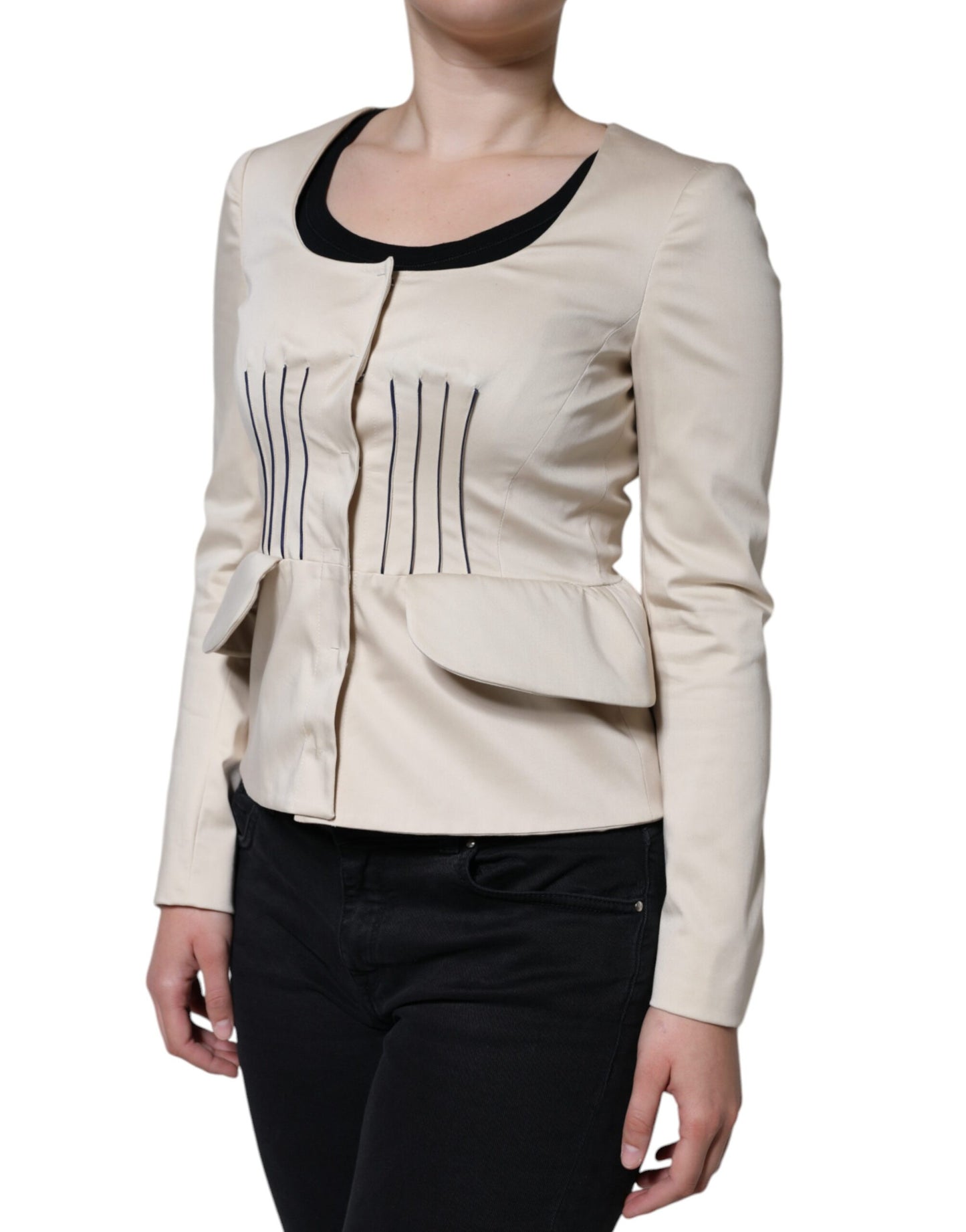 Valentino Beige Cotton Long Sleeves Round Neck Blazer Jacket IT40 | S