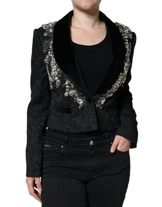 Dolce & Gabbana Black Jacquard Crystal Floral Jacket Blazer IT44 / L