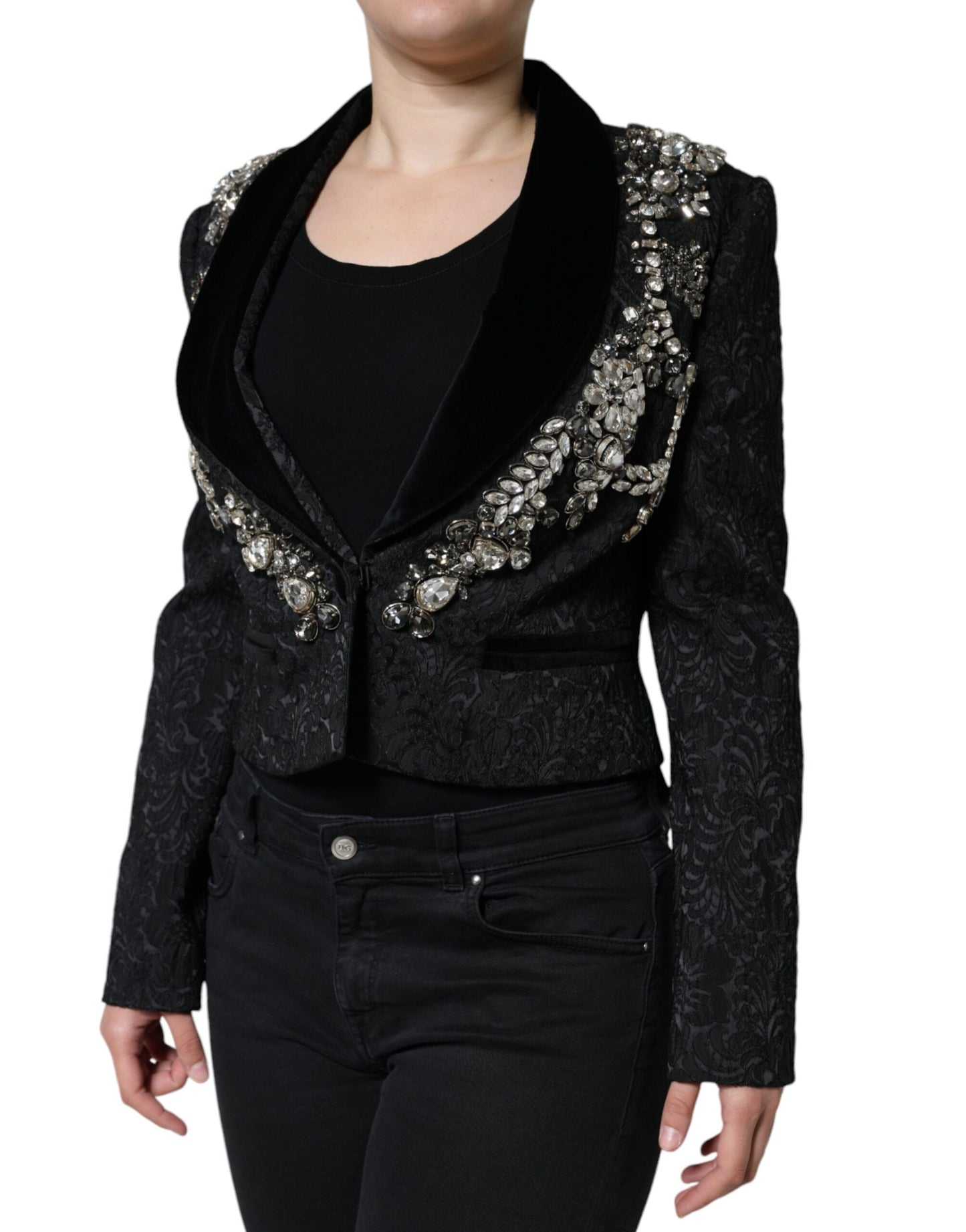 Dolce & Gabbana Black Jacquard Crystal Floral Jacket Blazer IT44 / L