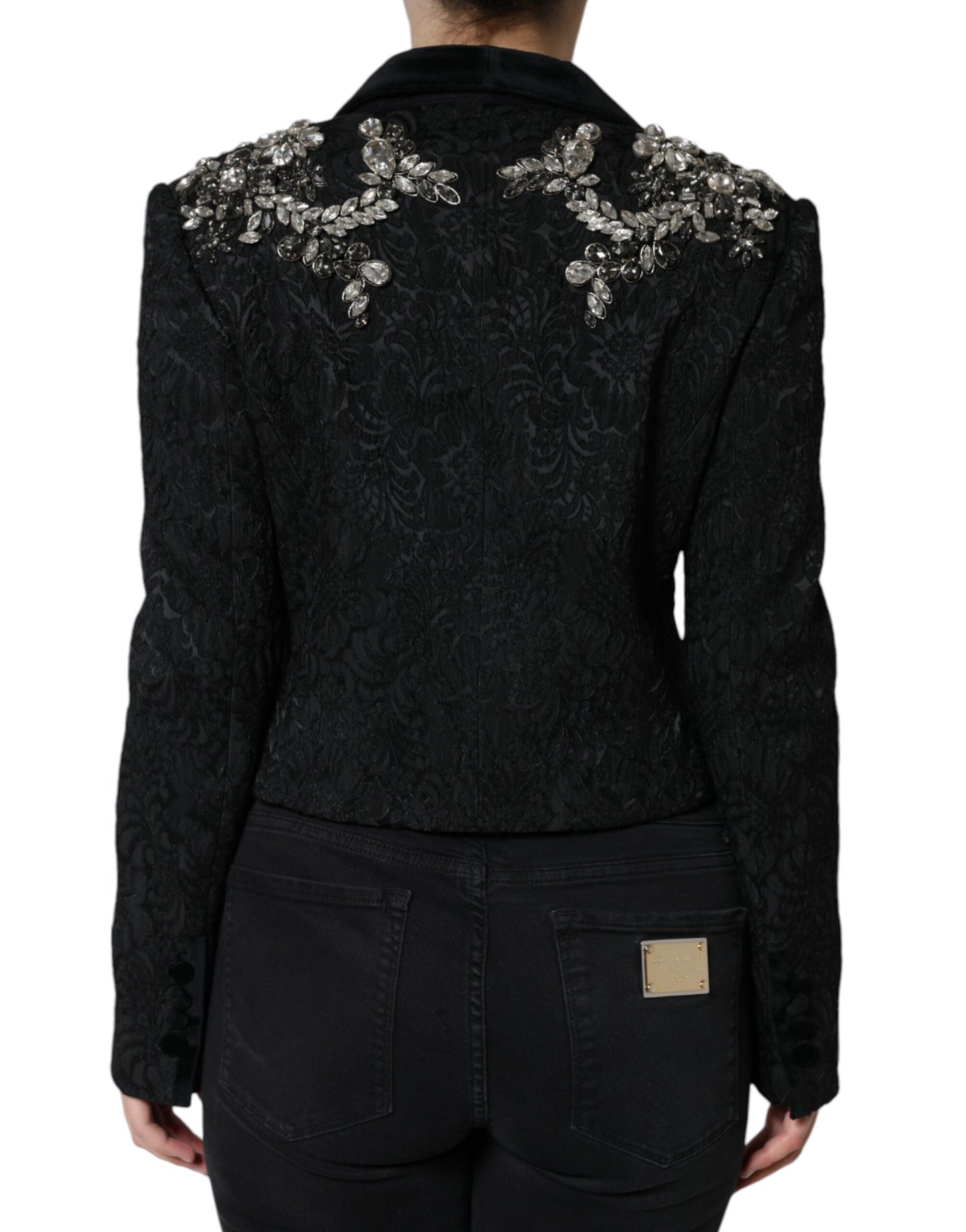 Dolce & Gabbana Black Jacquard Crystal Floral Jacket Blazer IT44 / L