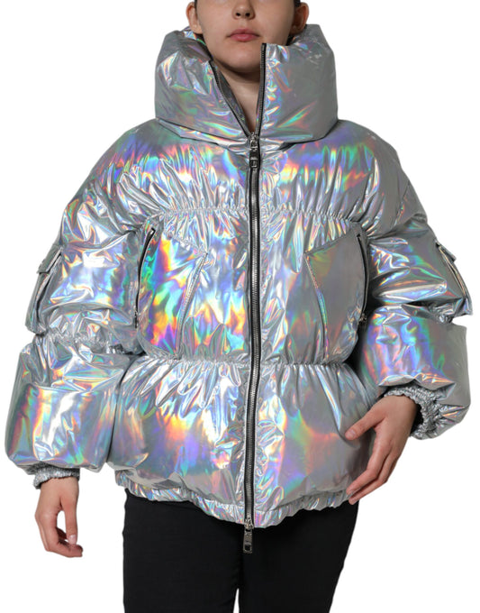 Dolce & Gabbana Silver Iridescent Puffer Full Zip Coat Jacket IT40 | S