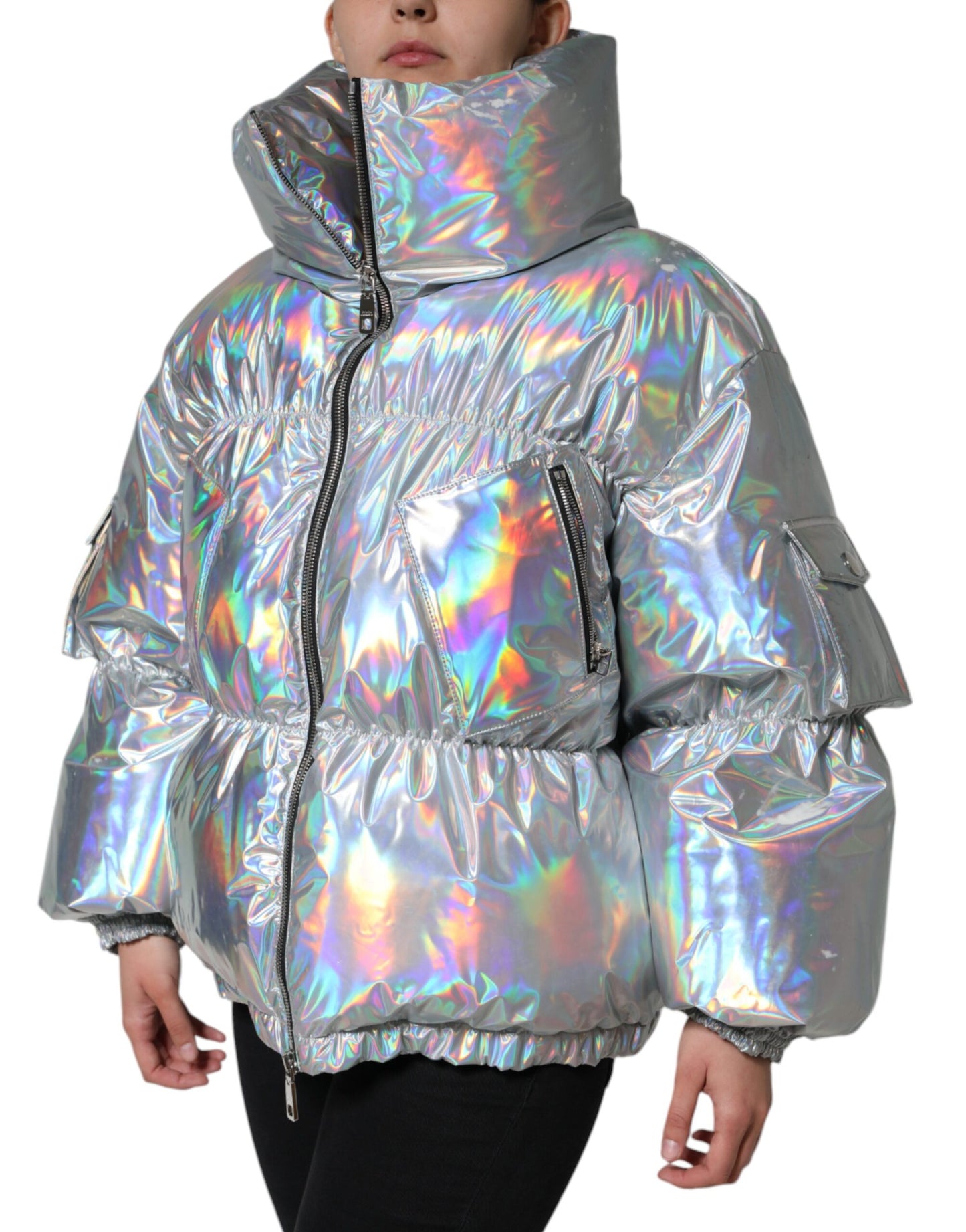 Dolce & Gabbana Silver Iridescent Puffer Full Zip Coat Jacket IT40 | S