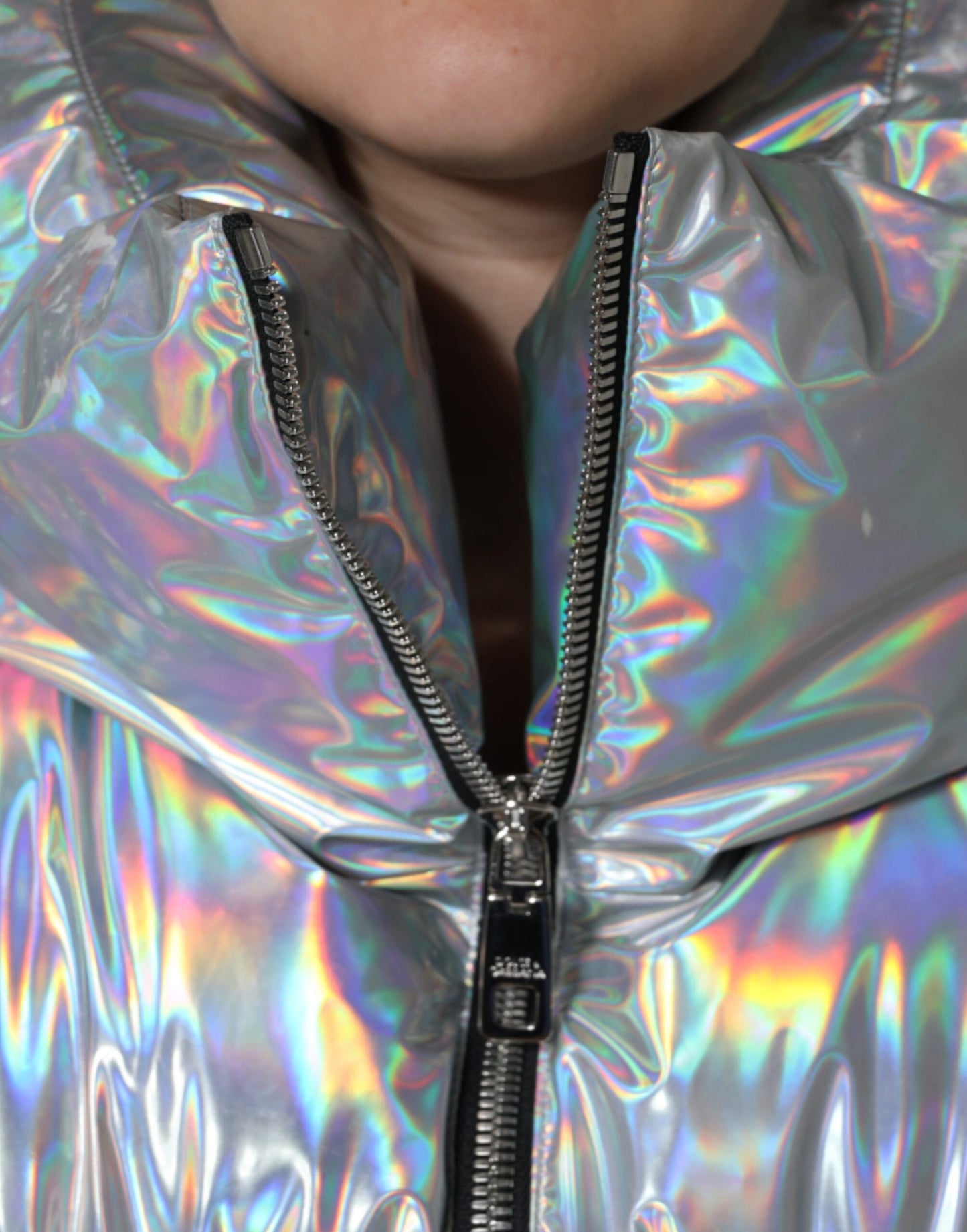 Dolce & Gabbana Silver Iridescent Puffer Full Zip Coat Jacket IT40 | S