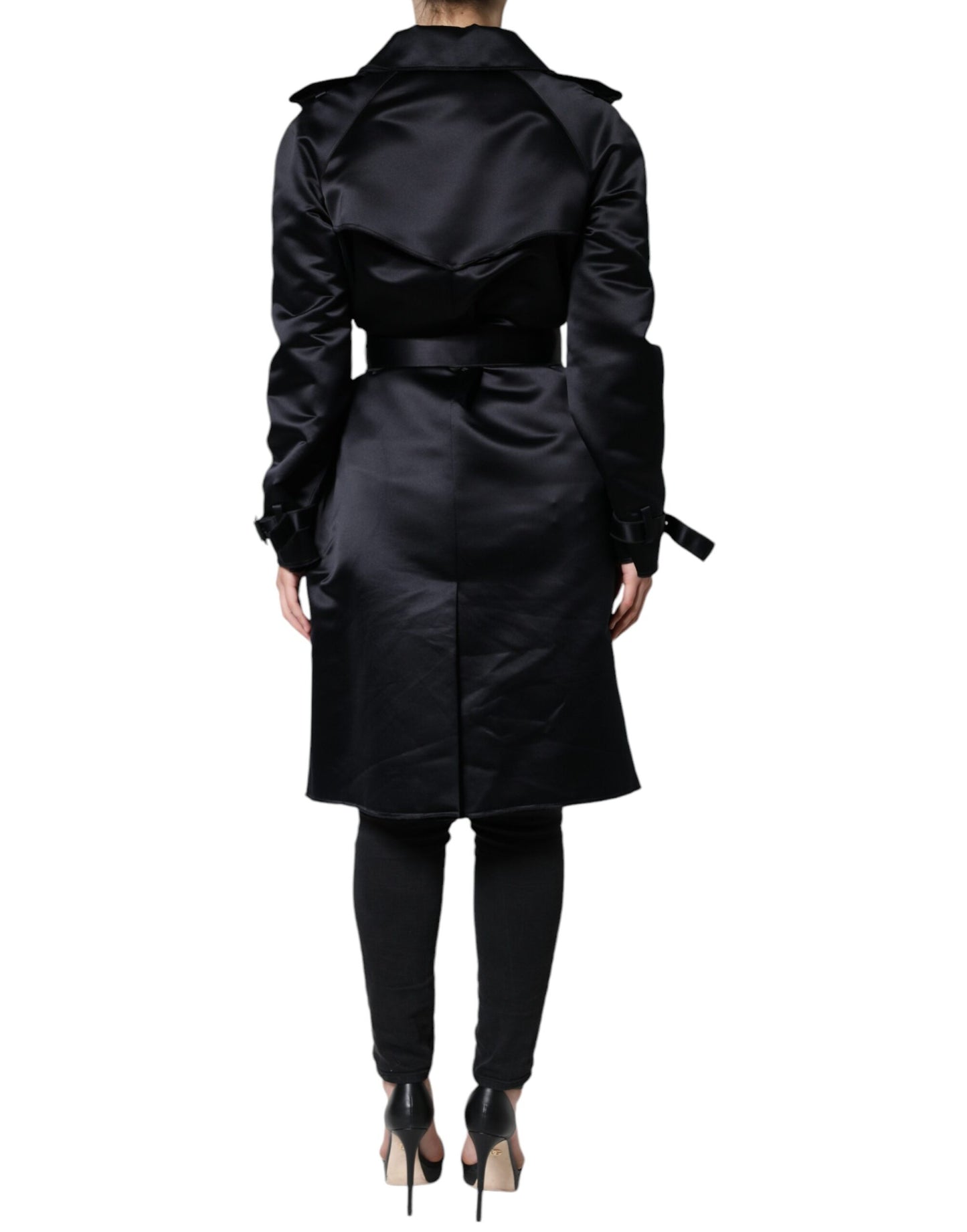 Dolce & Gabbana Black Polyester Organza Belted Coat Jacket IT46 / XL