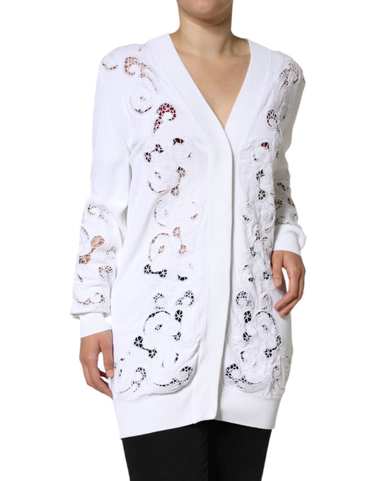 Dolce & Gabbana White Viscose Floral Cut Out Cardigan Sweater IT40 | S