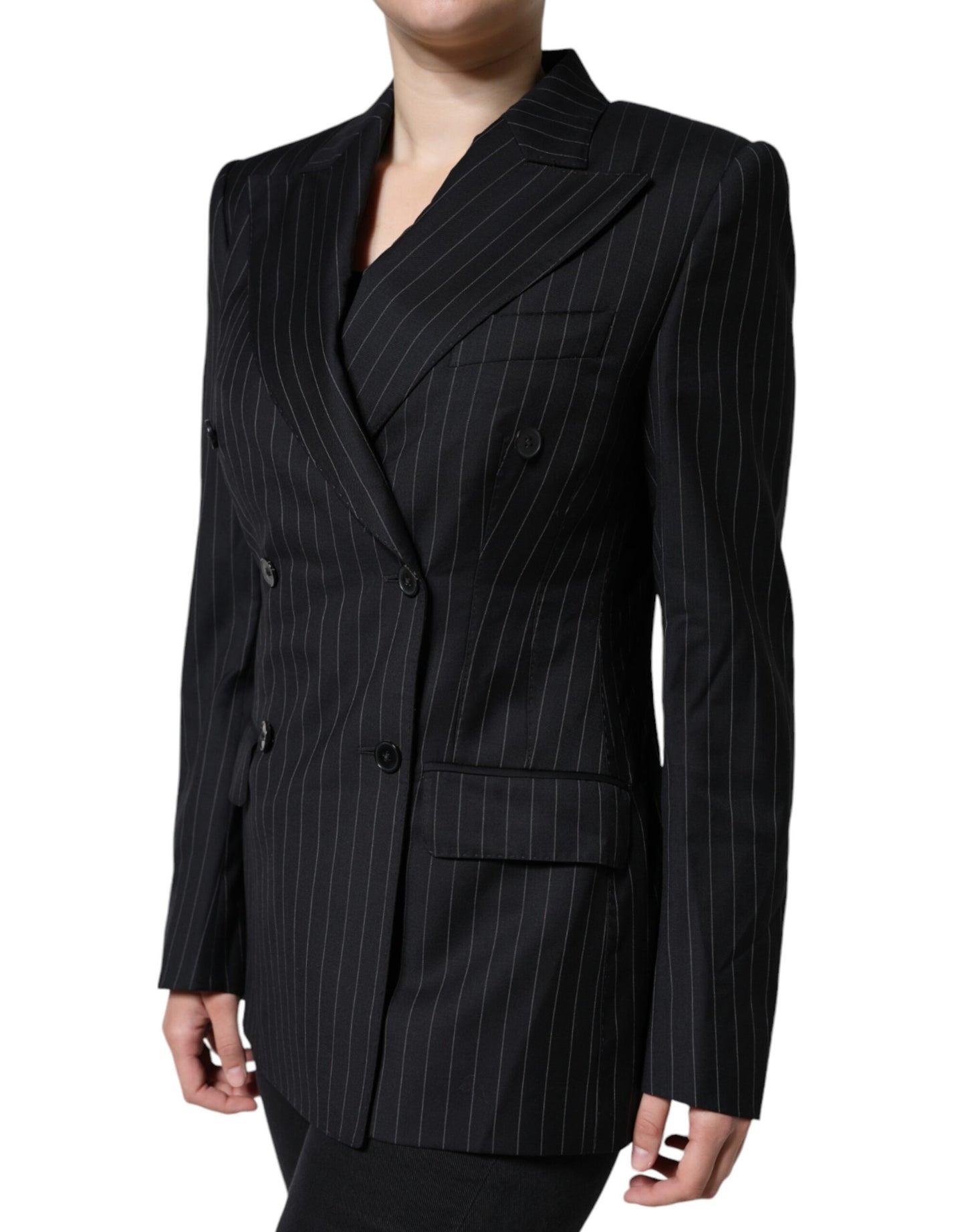 Dolce & Gabbana Black Striped Double Breasted Coat Jacket IT44 / L