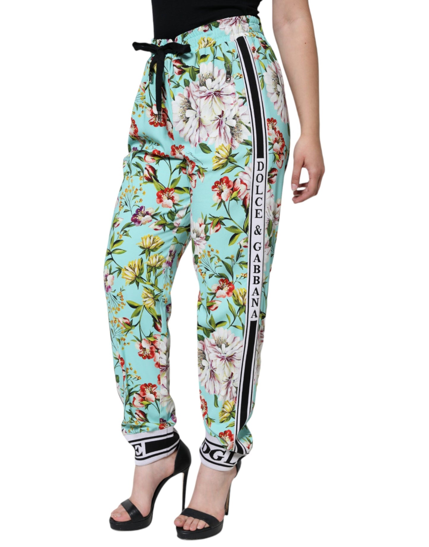 Dolce & Gabbana Green Floral Mid Waist Jogger Women Pants IT48 / XXL