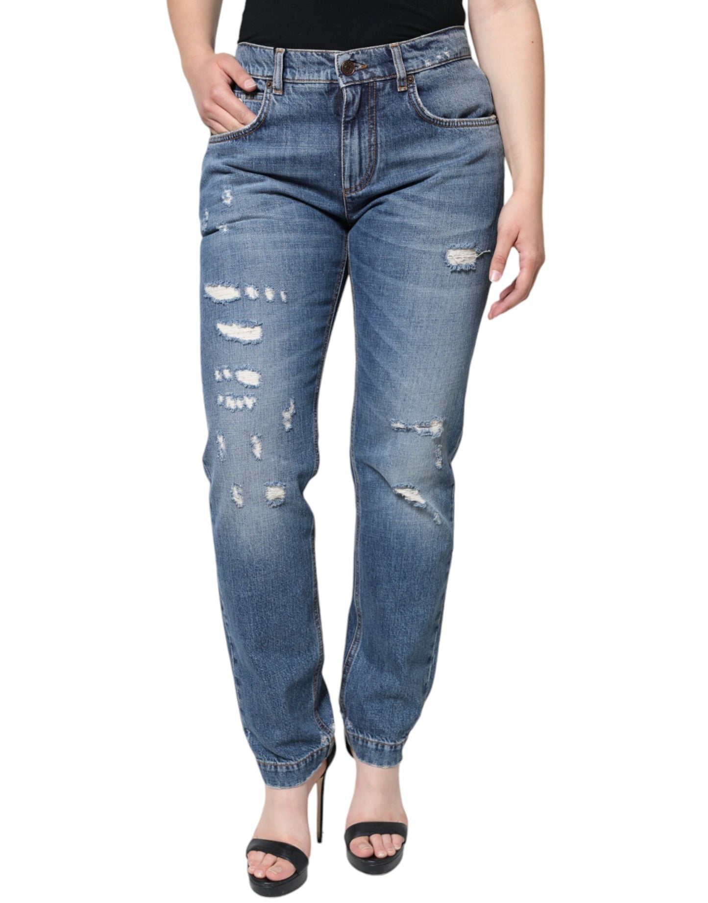 Dolce & Gabbana Blue Cotton Tattered Boyfriend Denim Jeans IT42 / M