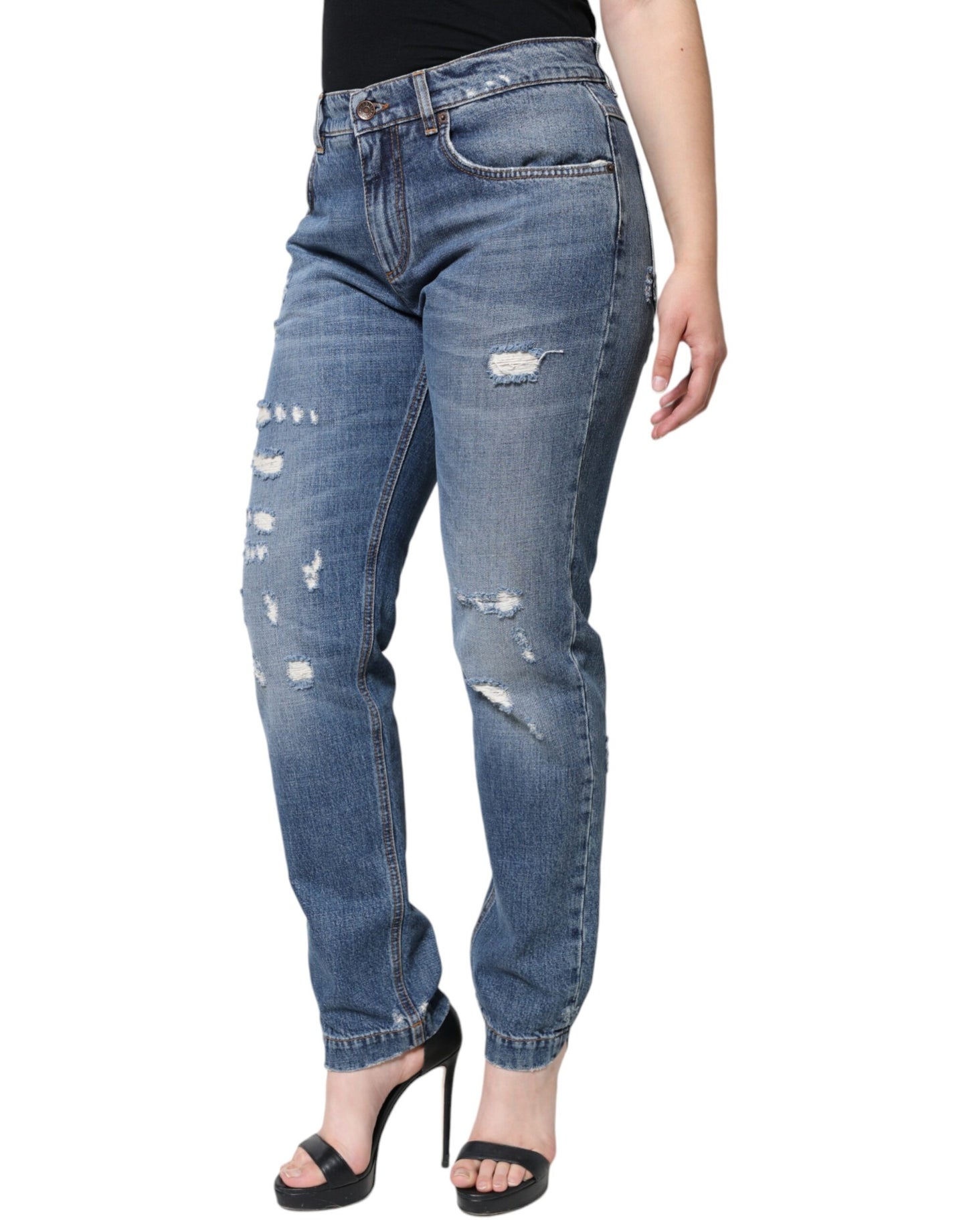 Dolce & Gabbana Blue Cotton Tattered Boyfriend Denim Jeans IT42 / M