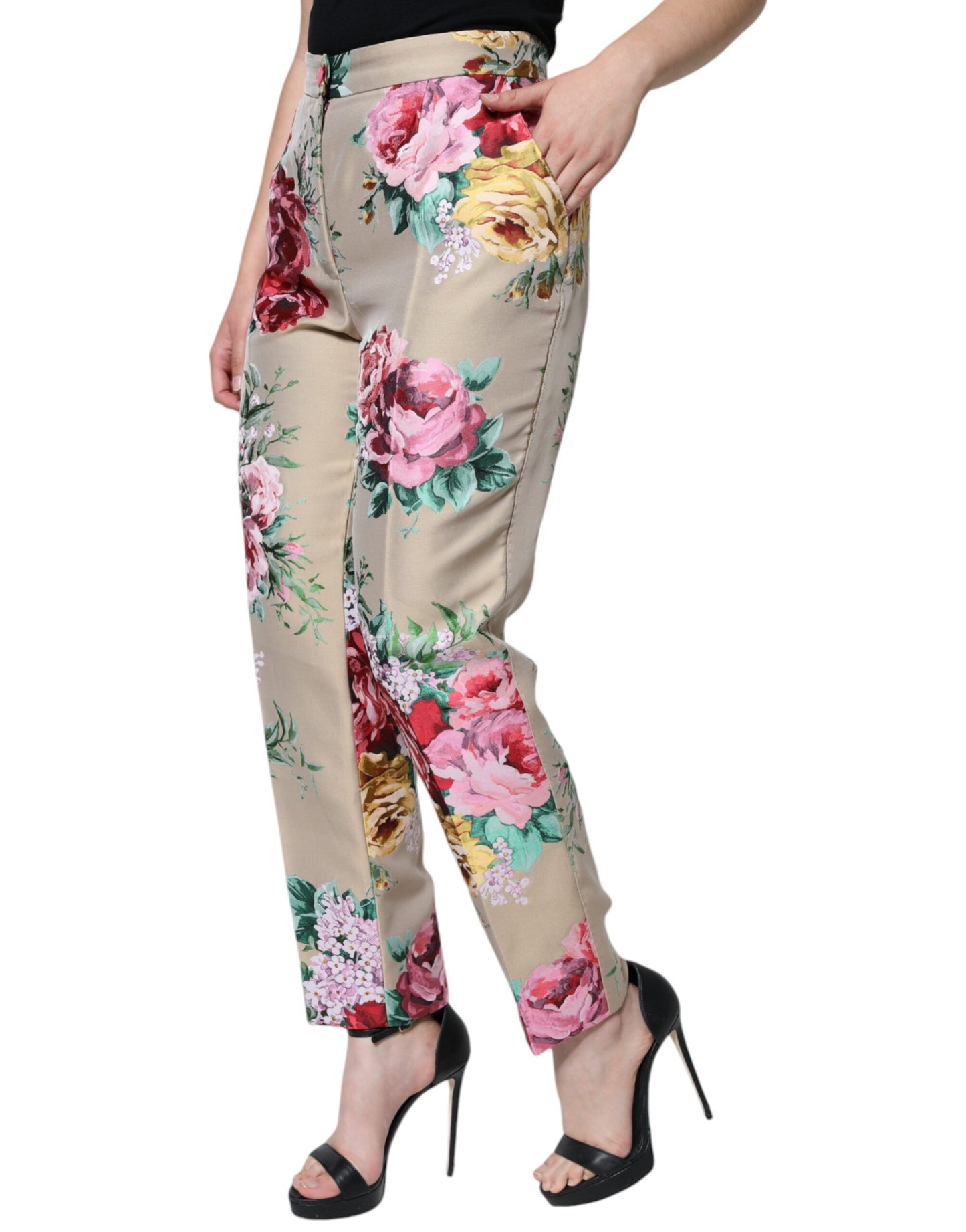 Dolce & Gabbana Beige Floral Jacquard High Waist Tapered Pants IT46 / XL