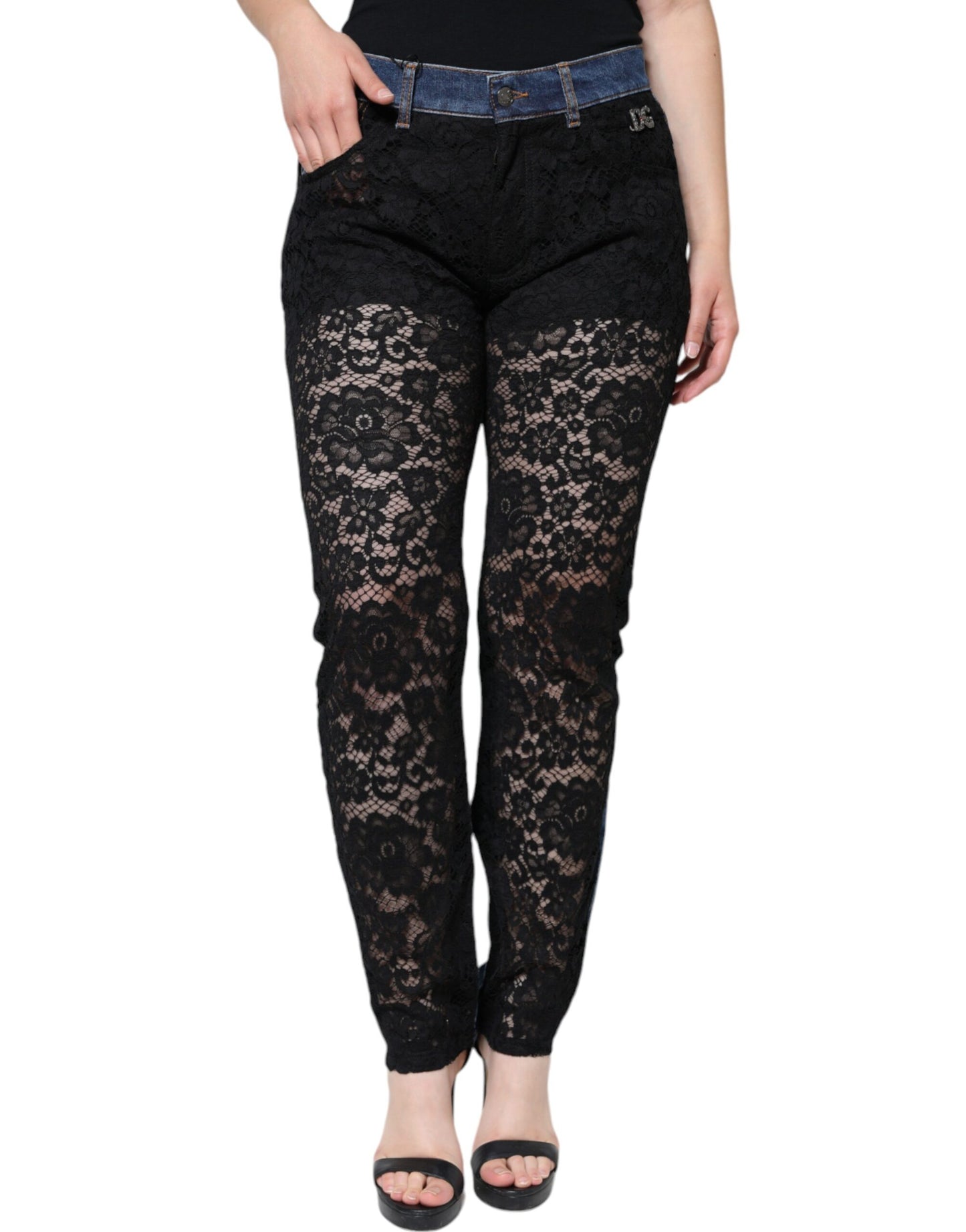 Dolce & Gabbana Black Floral Lace Front Skinny Denim Jeans IT44 / L