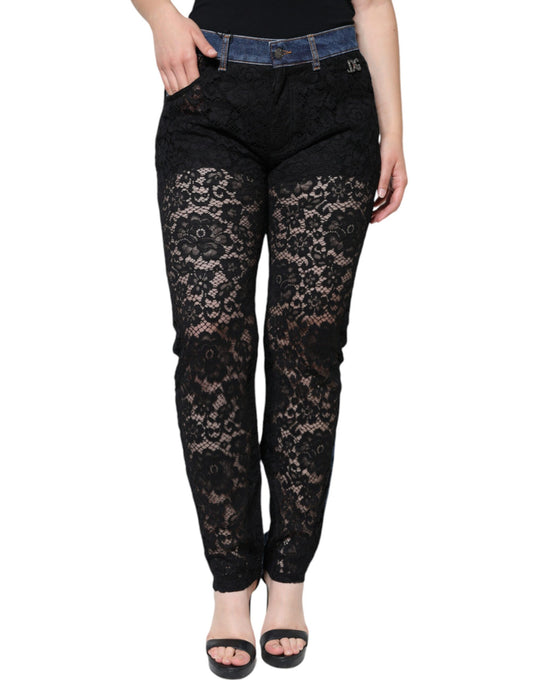 Dolce & Gabbana Black Floral Lace Front Skinny Denim Jeans IT44 / L