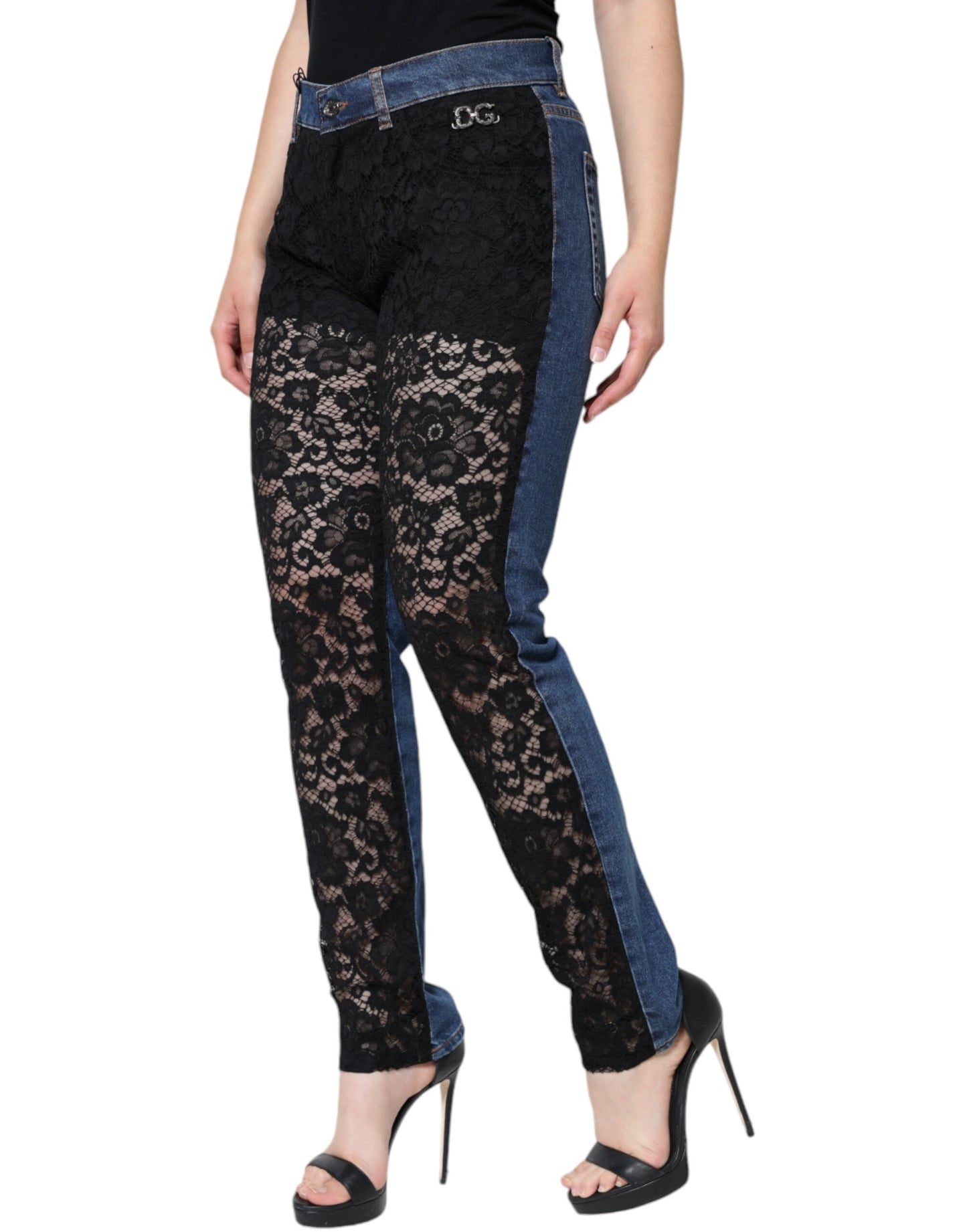 Dolce & Gabbana Black Floral Lace Front Skinny Denim Jeans IT44 / L