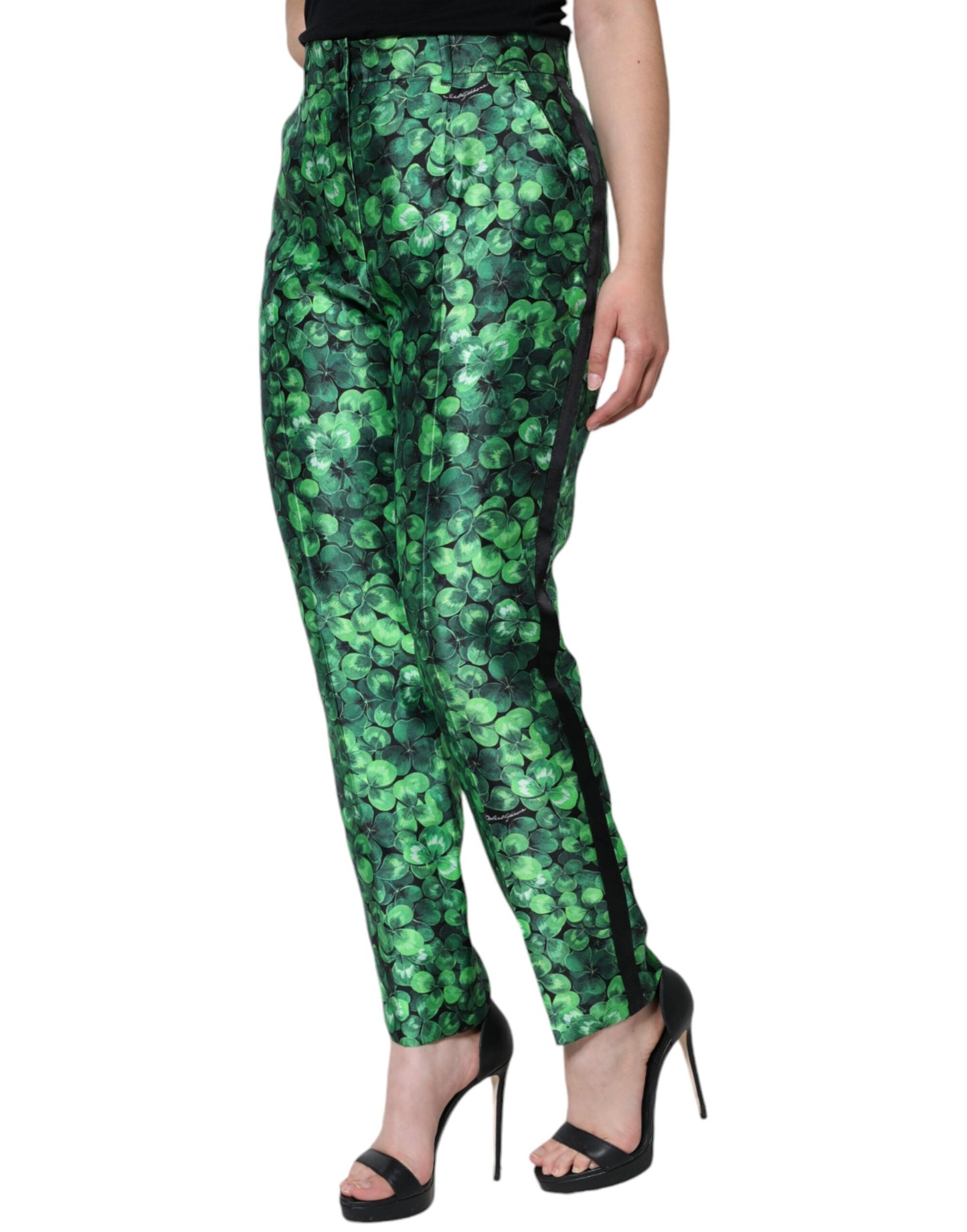 Dolce & Gabbana Green Clover Silk Satin High Waist Tapered Pants IT44 / L