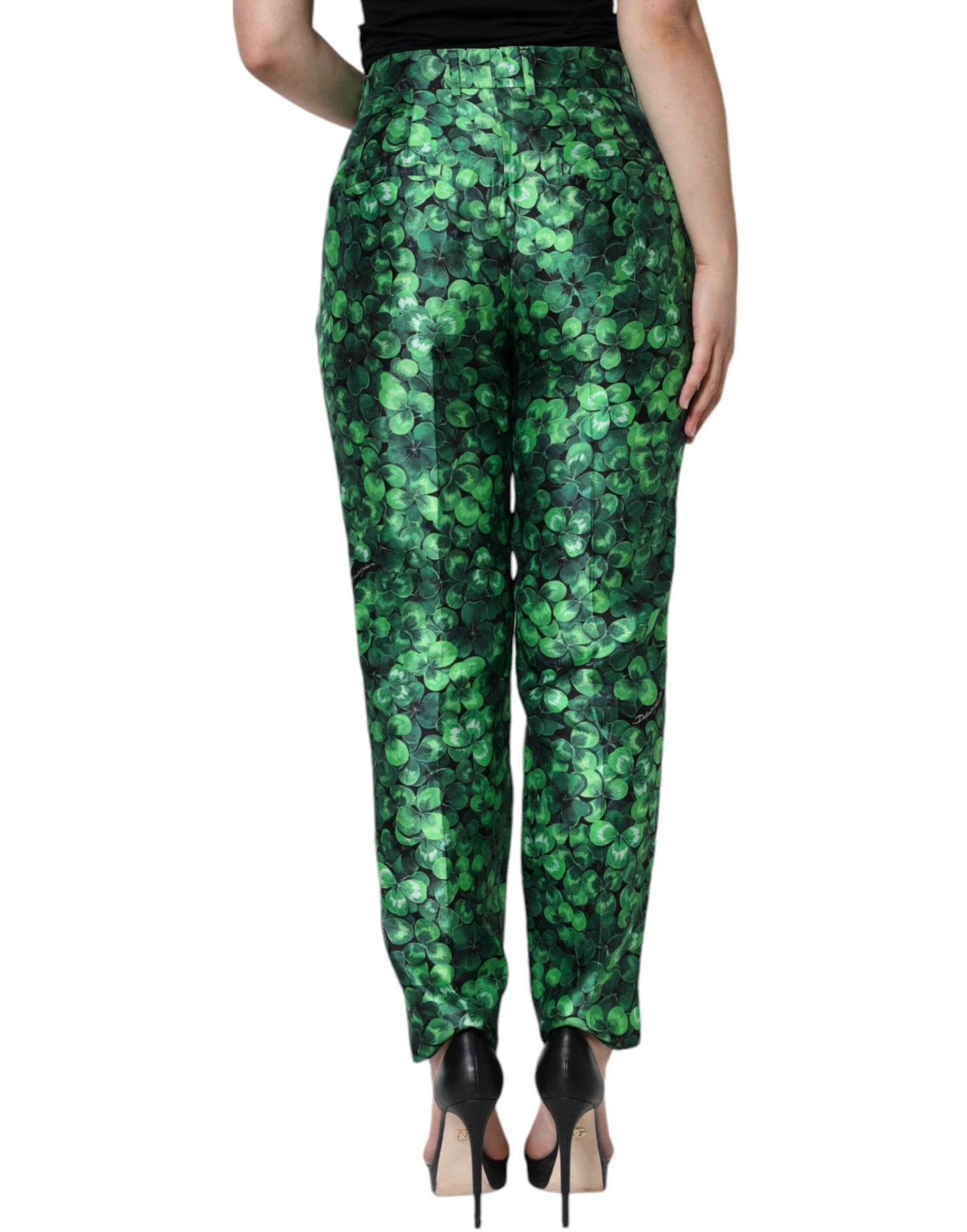 Dolce & Gabbana Green Clover Silk Satin High Waist Tapered Pants IT44 / L