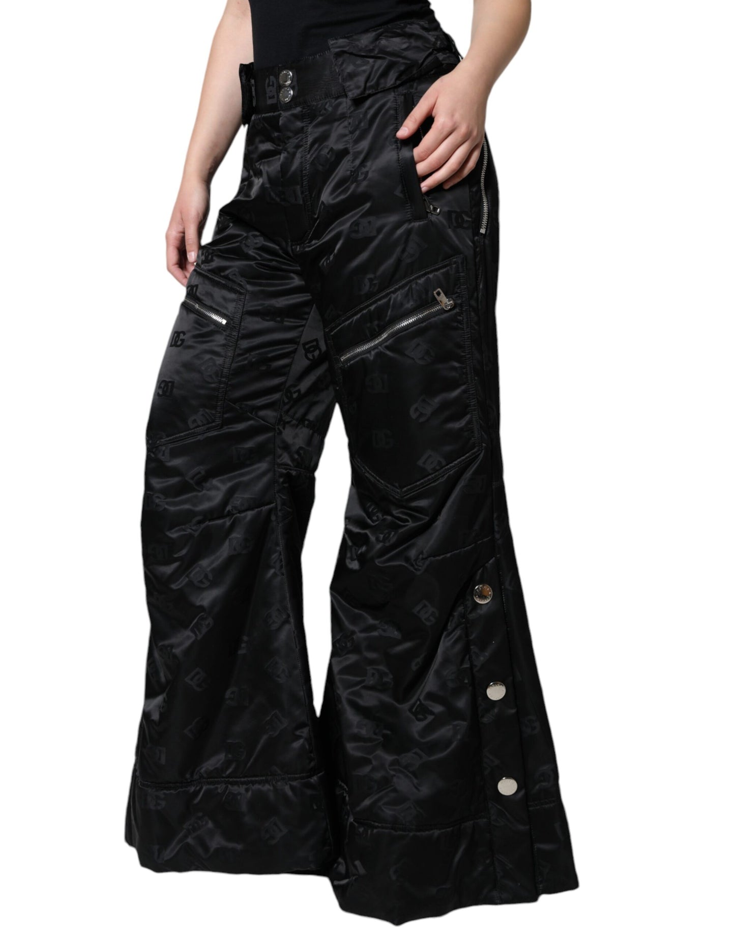 Dolce & Gabbana Black Quilted High Waist Women Wide Leg Pants IT40 / S