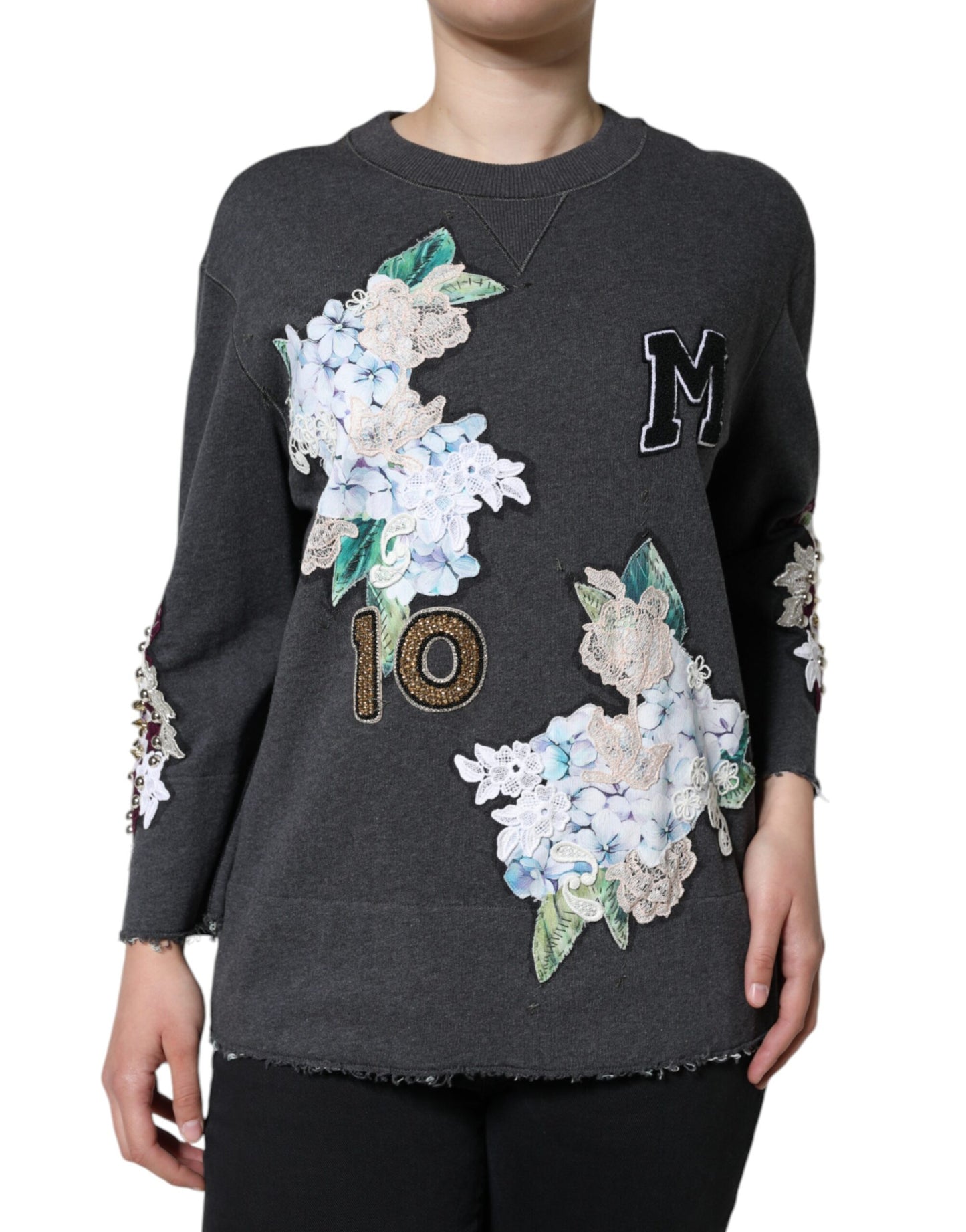 Dolce & Gabbana Gray Hydrangea CollegeStudded Floral Sweater IT38 / XS