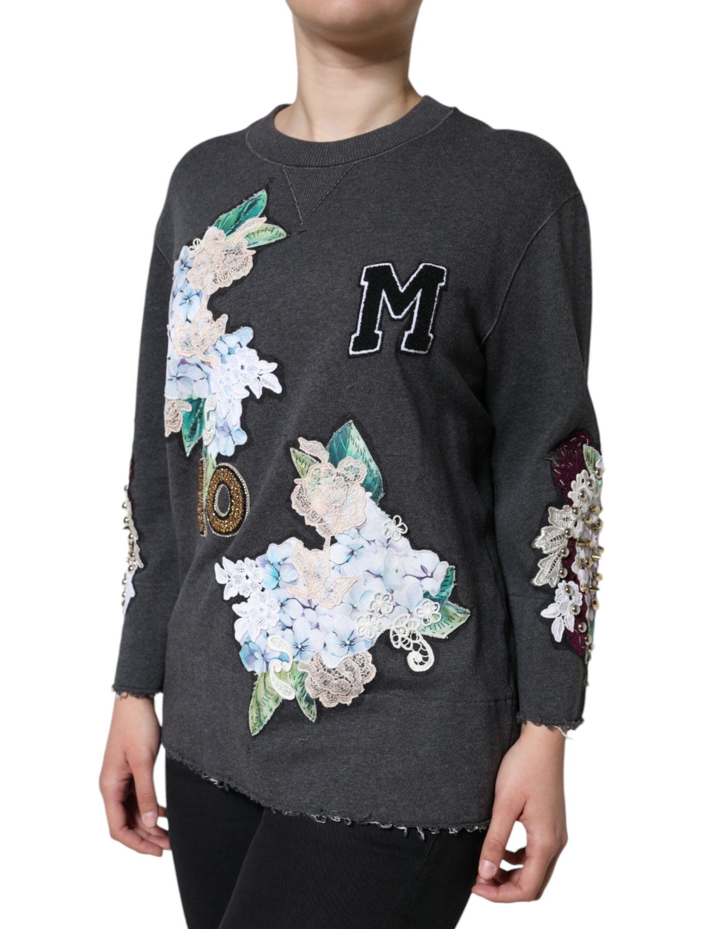 Dolce & Gabbana Gray Hydrangea CollegeStudded Floral Sweater IT38 / XS