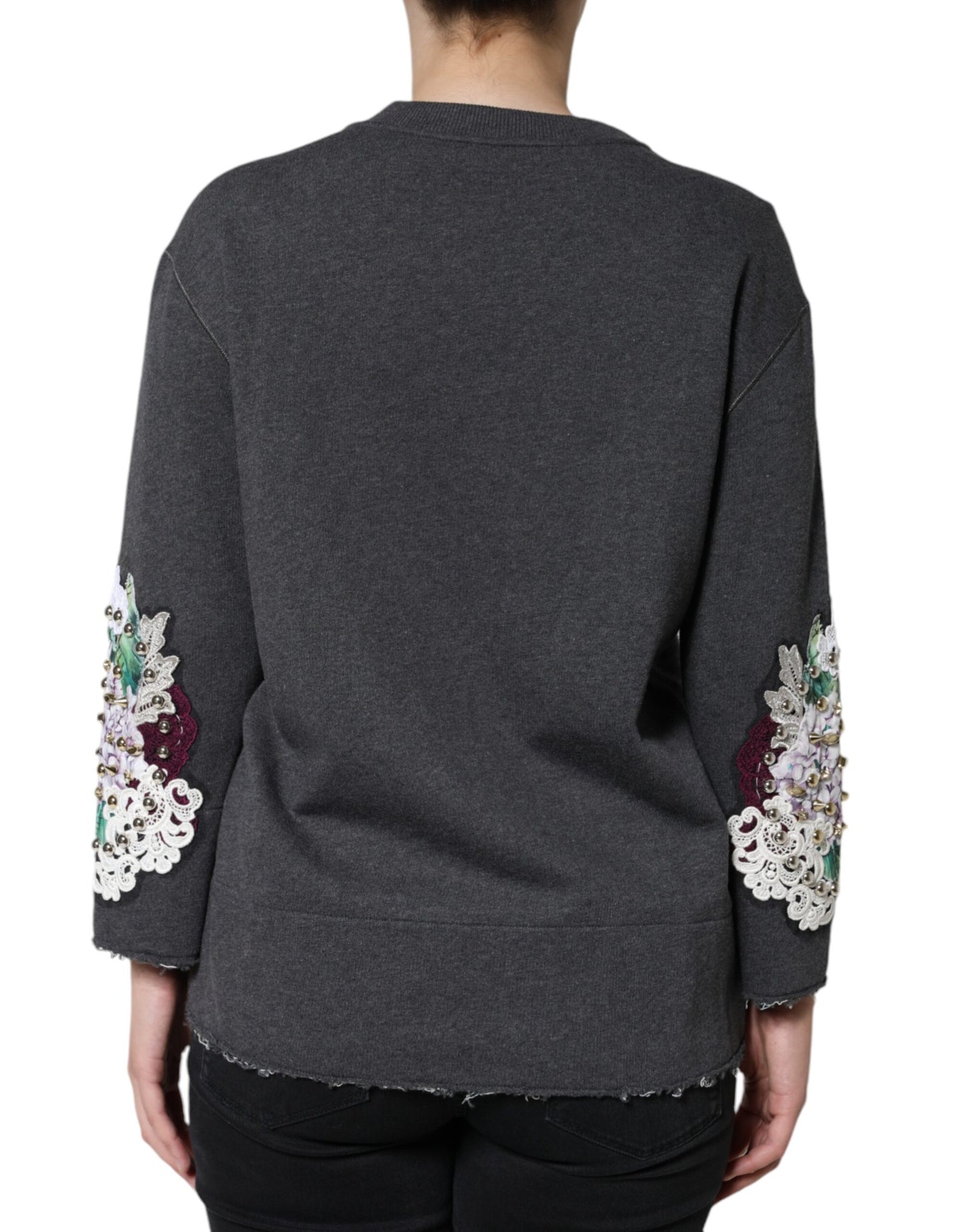 Dolce & Gabbana Gray Hydrangea CollegeStudded Floral Sweater IT38 / XS