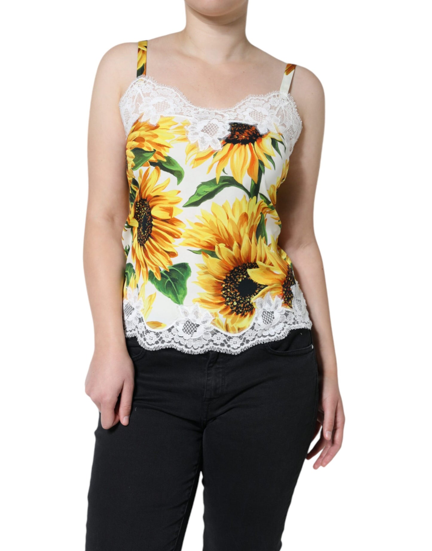 Dolce & Gabbana White Silk Sunflower Lace Sleeveless Tank Top IT5 / XL