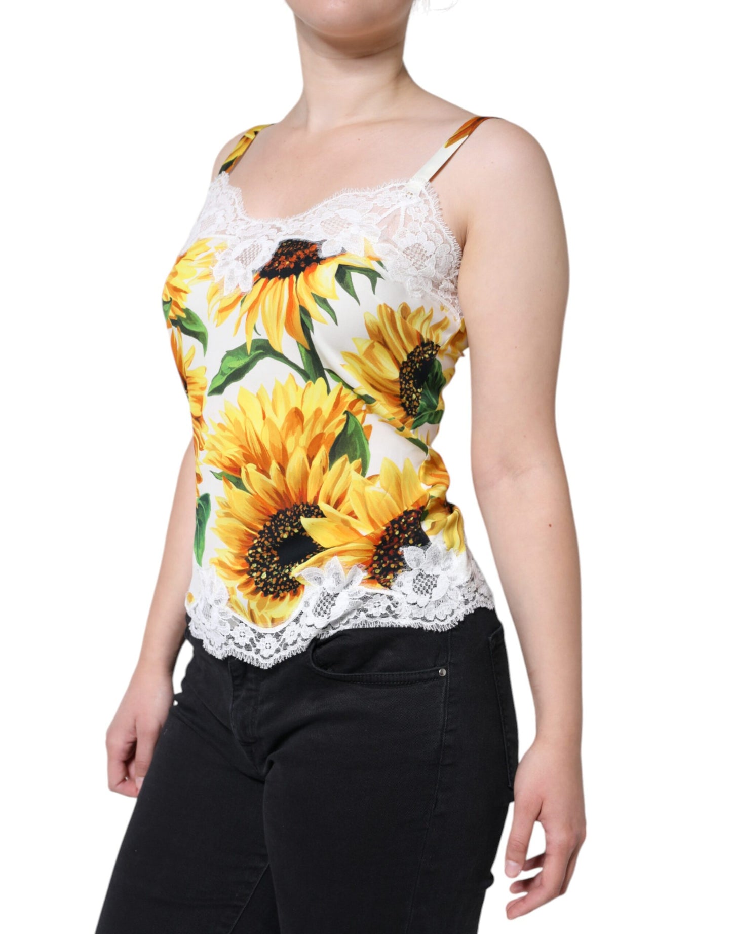 Dolce & Gabbana White Silk Sunflower Lace Sleeveless Tank Top IT5 / XL