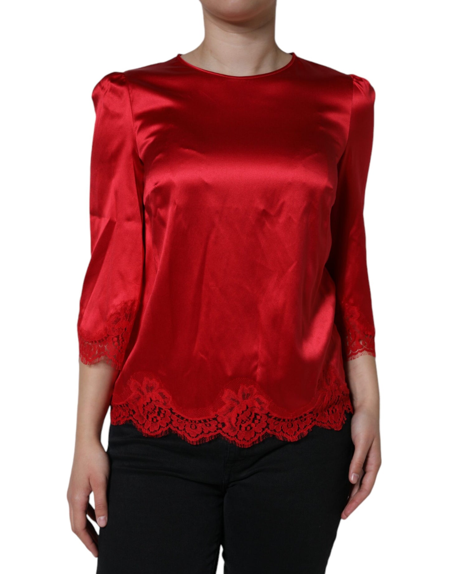 Dolce & Gabbana Red Satin Lace Trim Round Neck Blouse Top IT40 | S