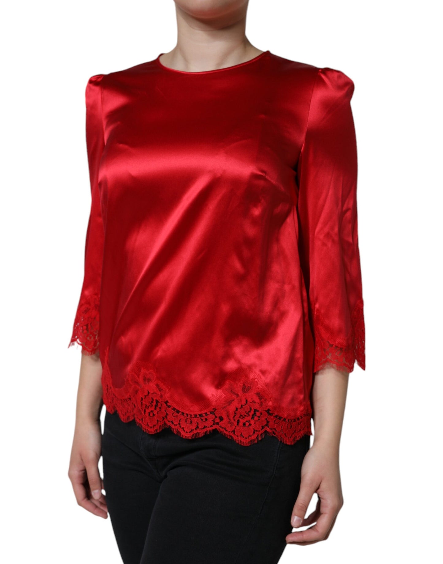 Dolce & Gabbana Red Satin Lace Trim Round Neck Blouse Top IT40 | S