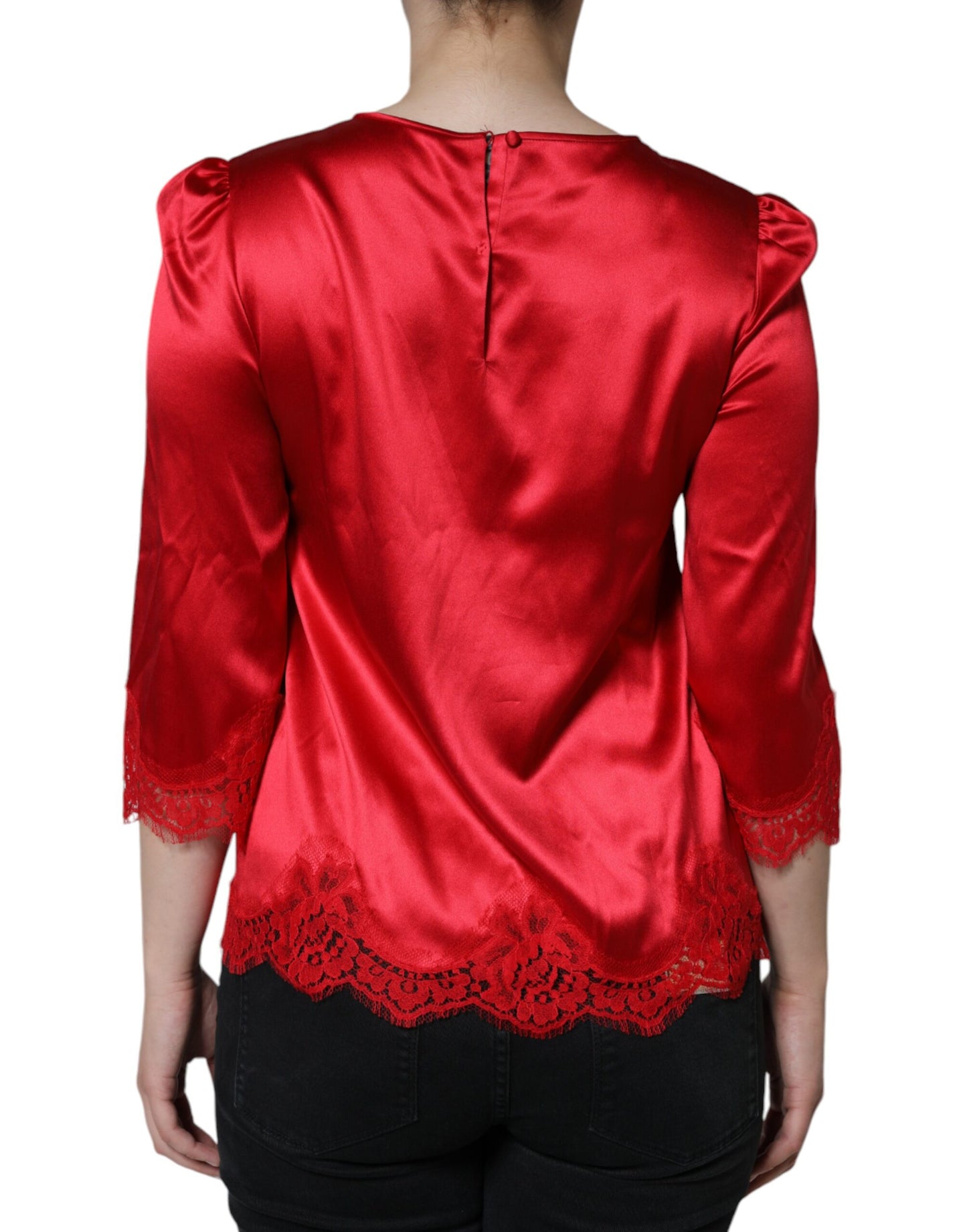 Dolce & Gabbana Red Satin Lace Trim Round Neck Blouse Top IT40 | S